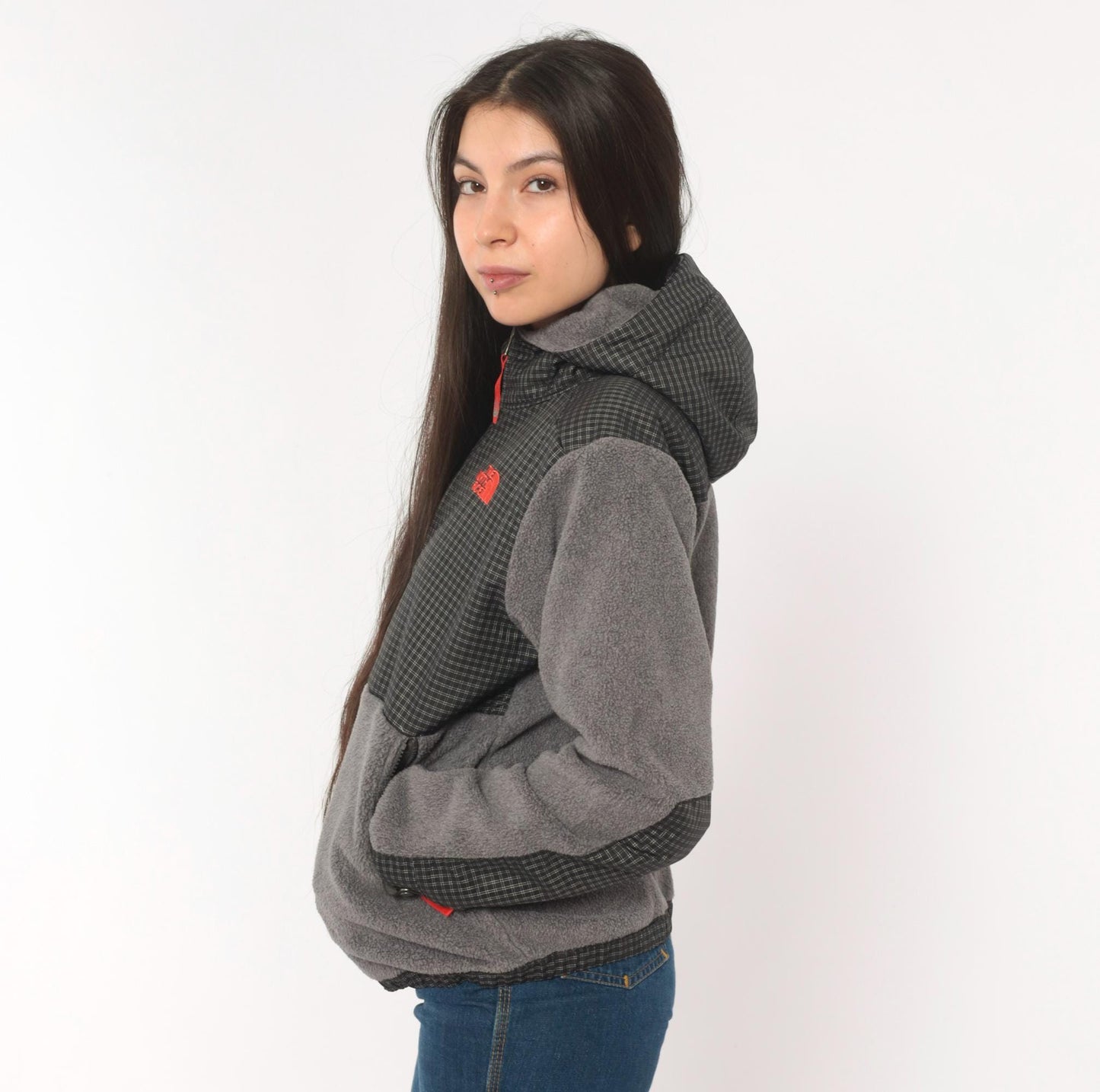 The North Face Denali Hooded Fleece Jacket Grey Nylon 2000s Medium