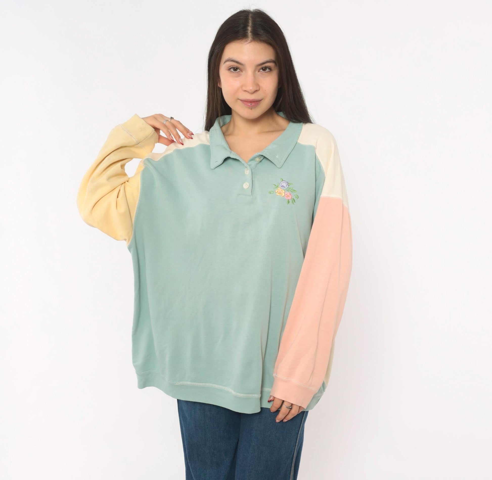 80s Ys Casuals Pastel Color Block Polo Sweatshirt Floral Embroidered Extra Large XL