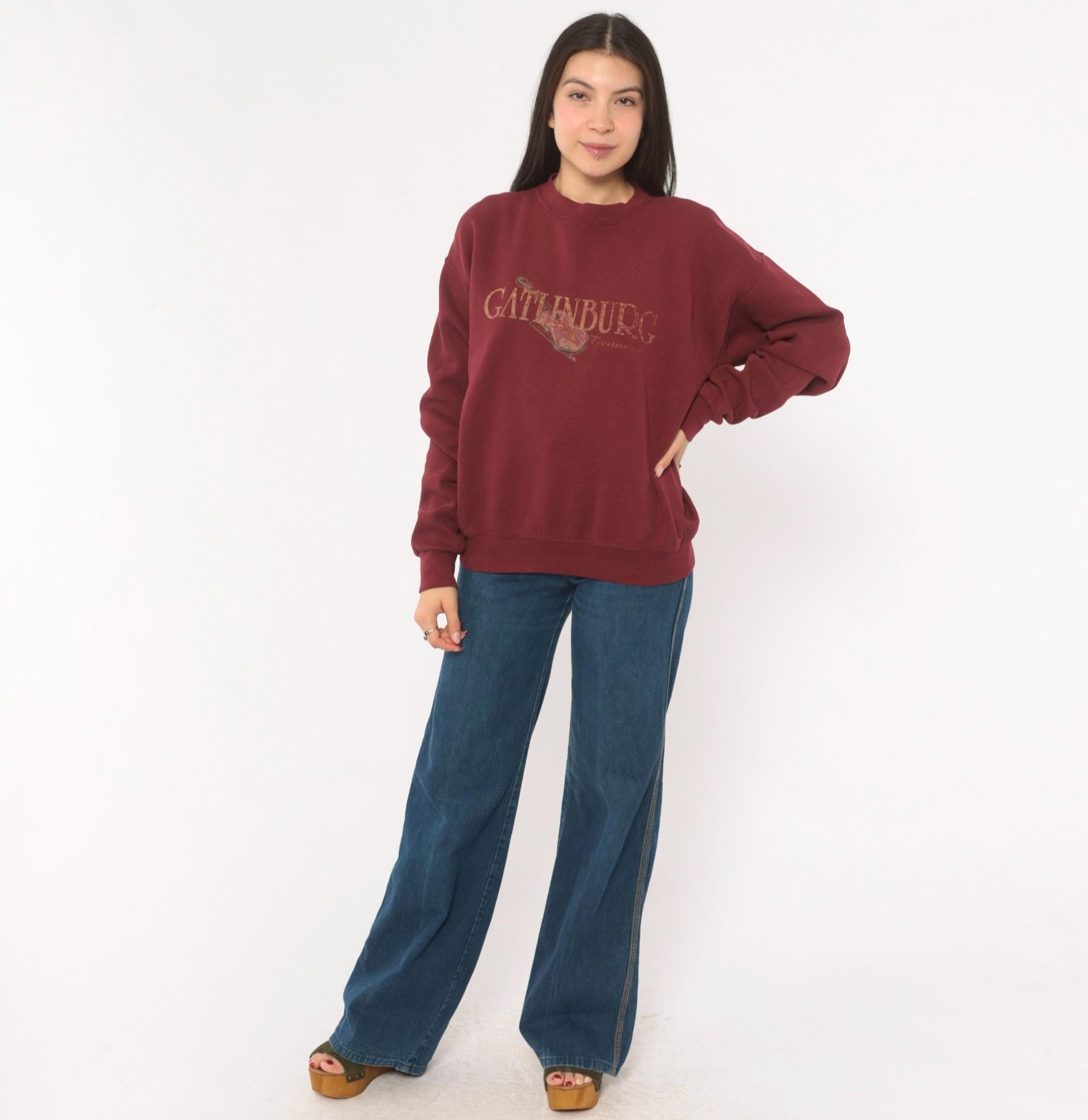 90s Santee Gatlinburg Tennessee Fiddle Sweatshirt Burgundy Crewneck Medium M