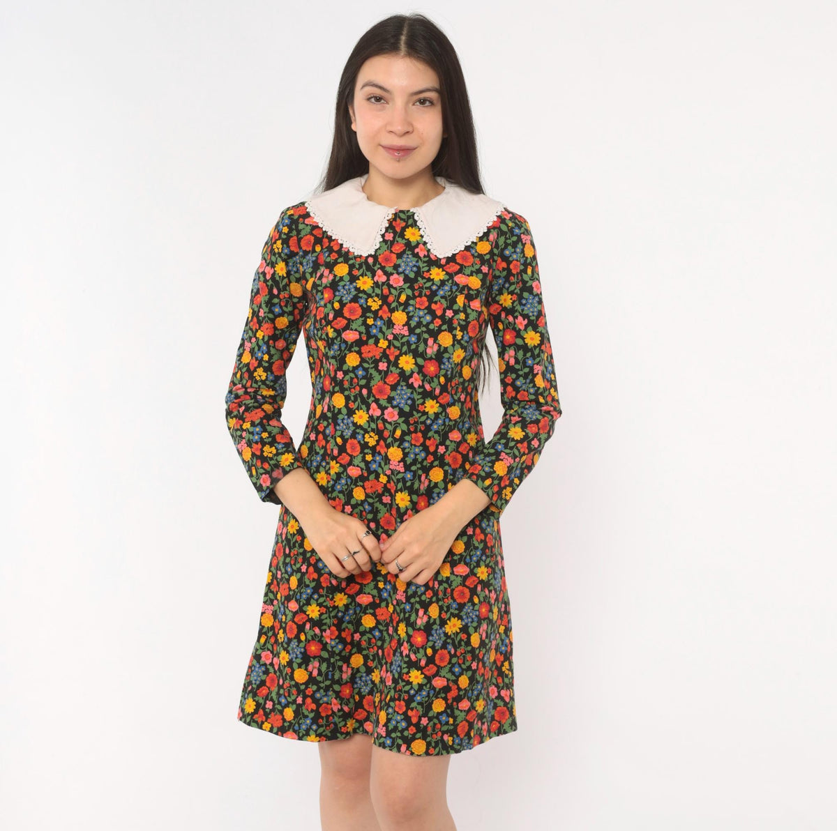 60s Black Floral Peter Pan Collar Shift Dress Wildflower Print Small