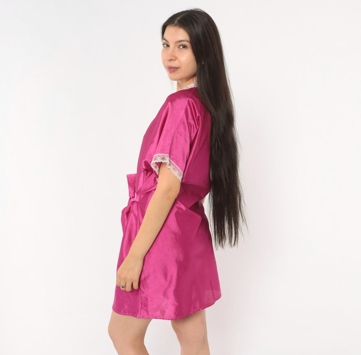 80s Fuchsia Satin Kimono Robe Lace Trim Tie Front Medium Large