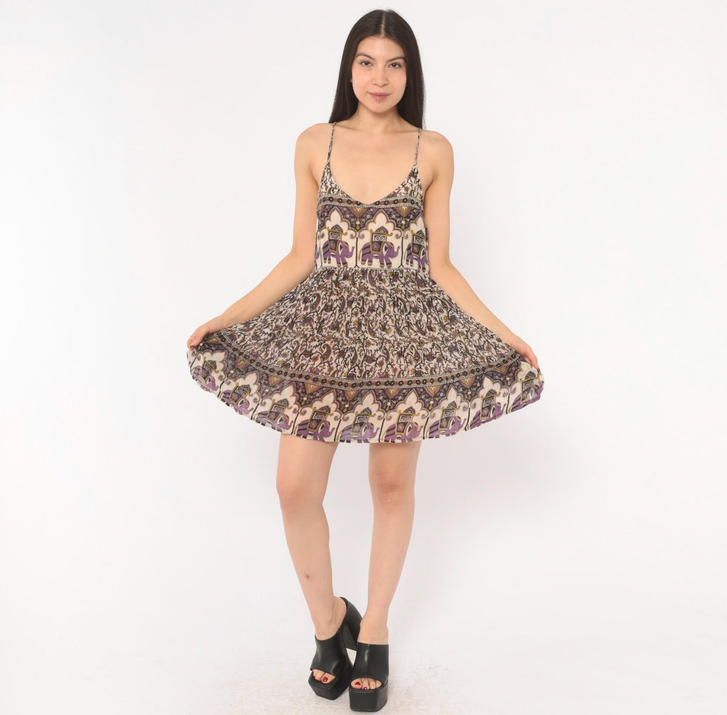 2000s Sol Elephant Block Print Cotton Sundress Purple Cream Small