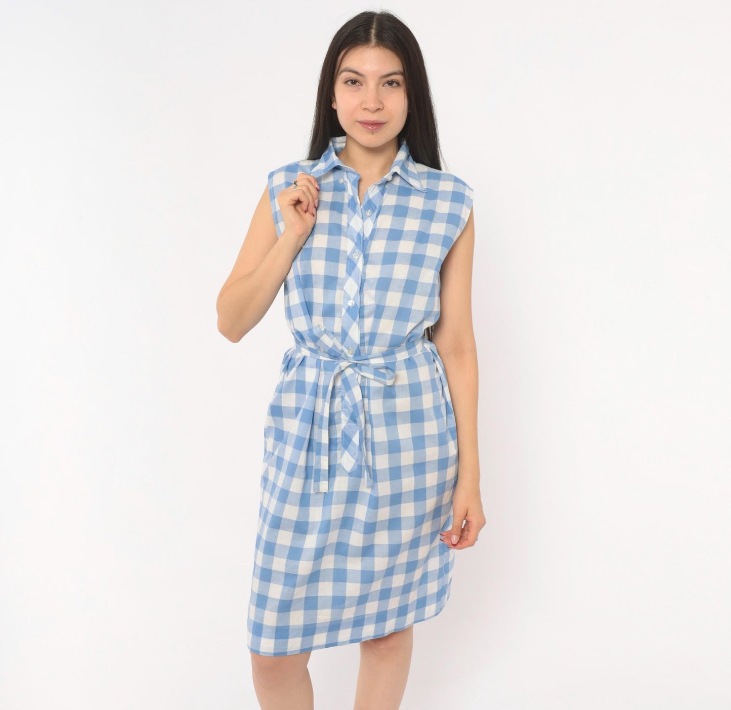 60s Laura Mae Life Gingham Shirt Dress Blue White Check Knee-Length Cotton Medium M