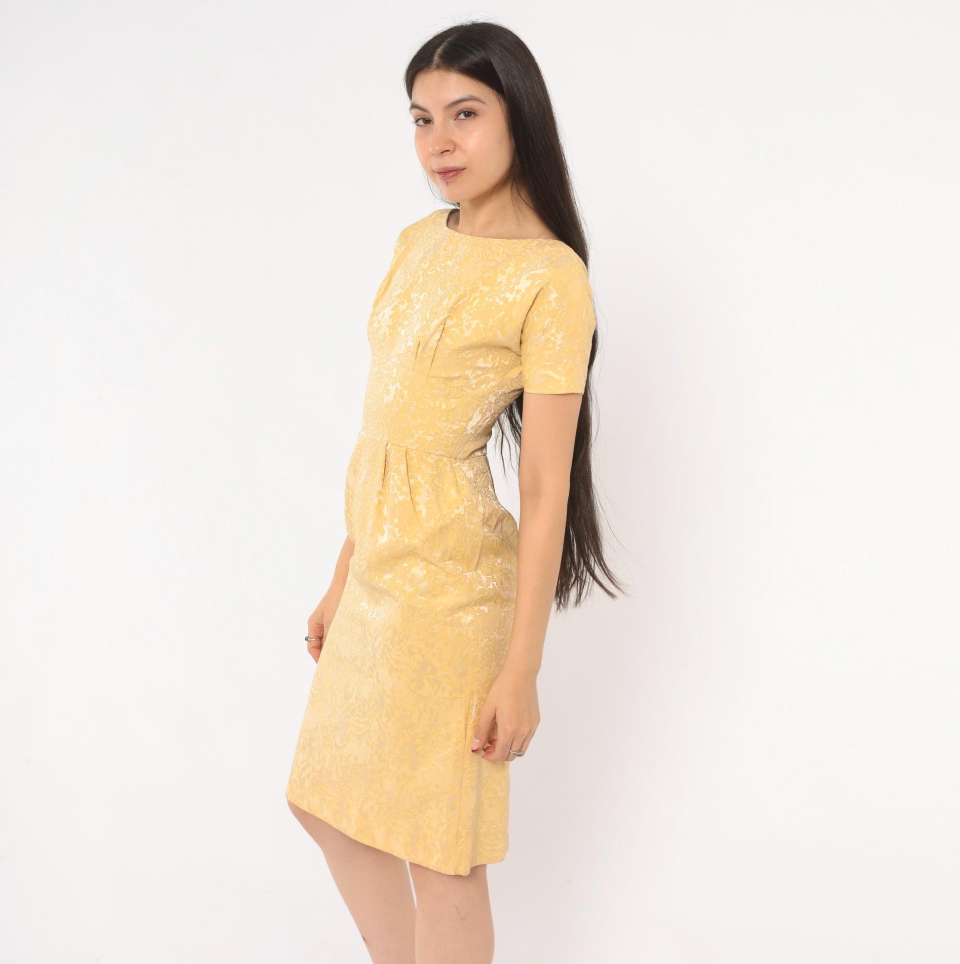 60s Gold Jacquard Sheath Dress Boat Neck Brocade Pencil Skirt Extra Small XS