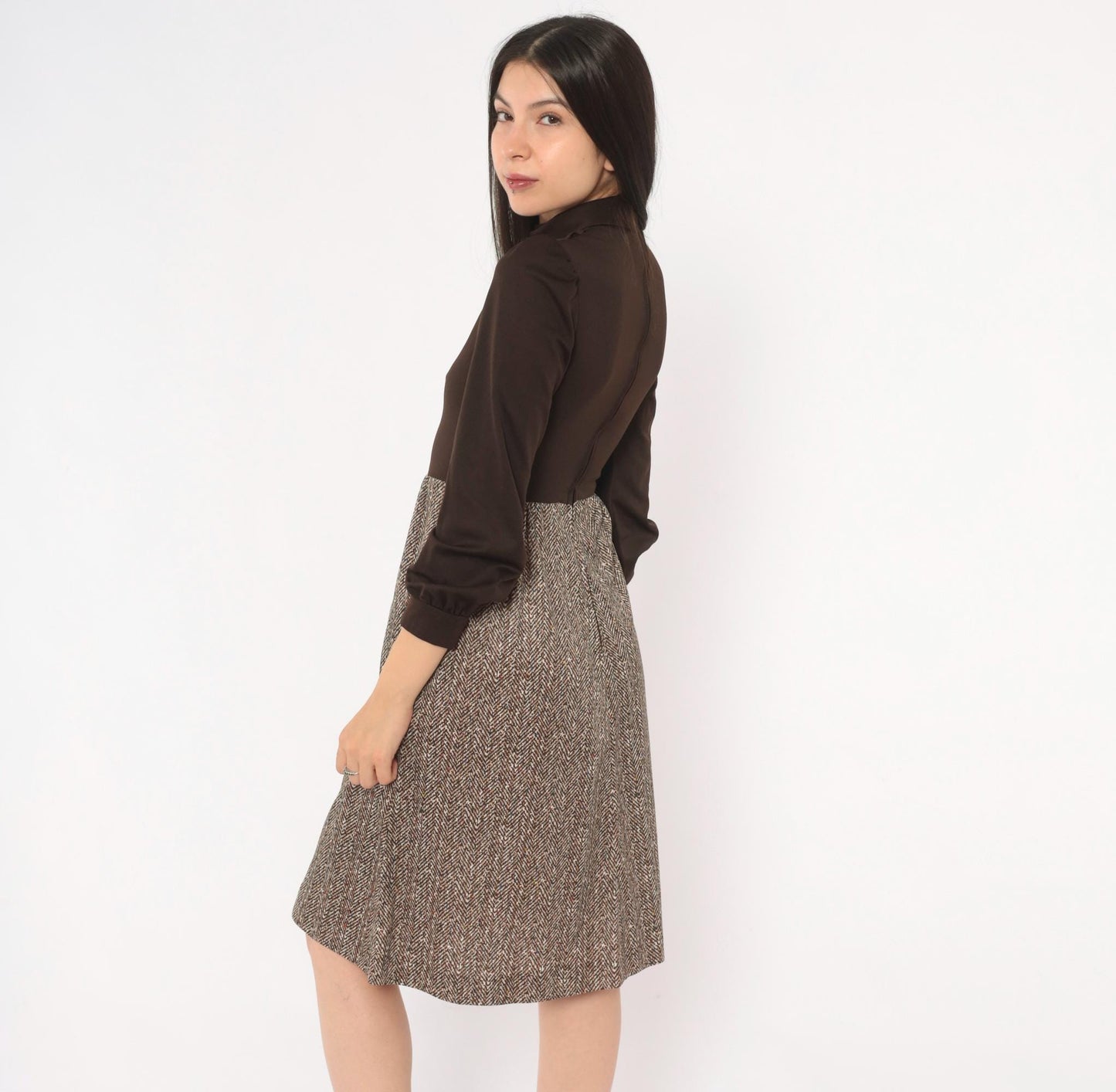 70s Brown Herringbone A-Line Dress Puff Sleeve Turtleneck Extra Small XS