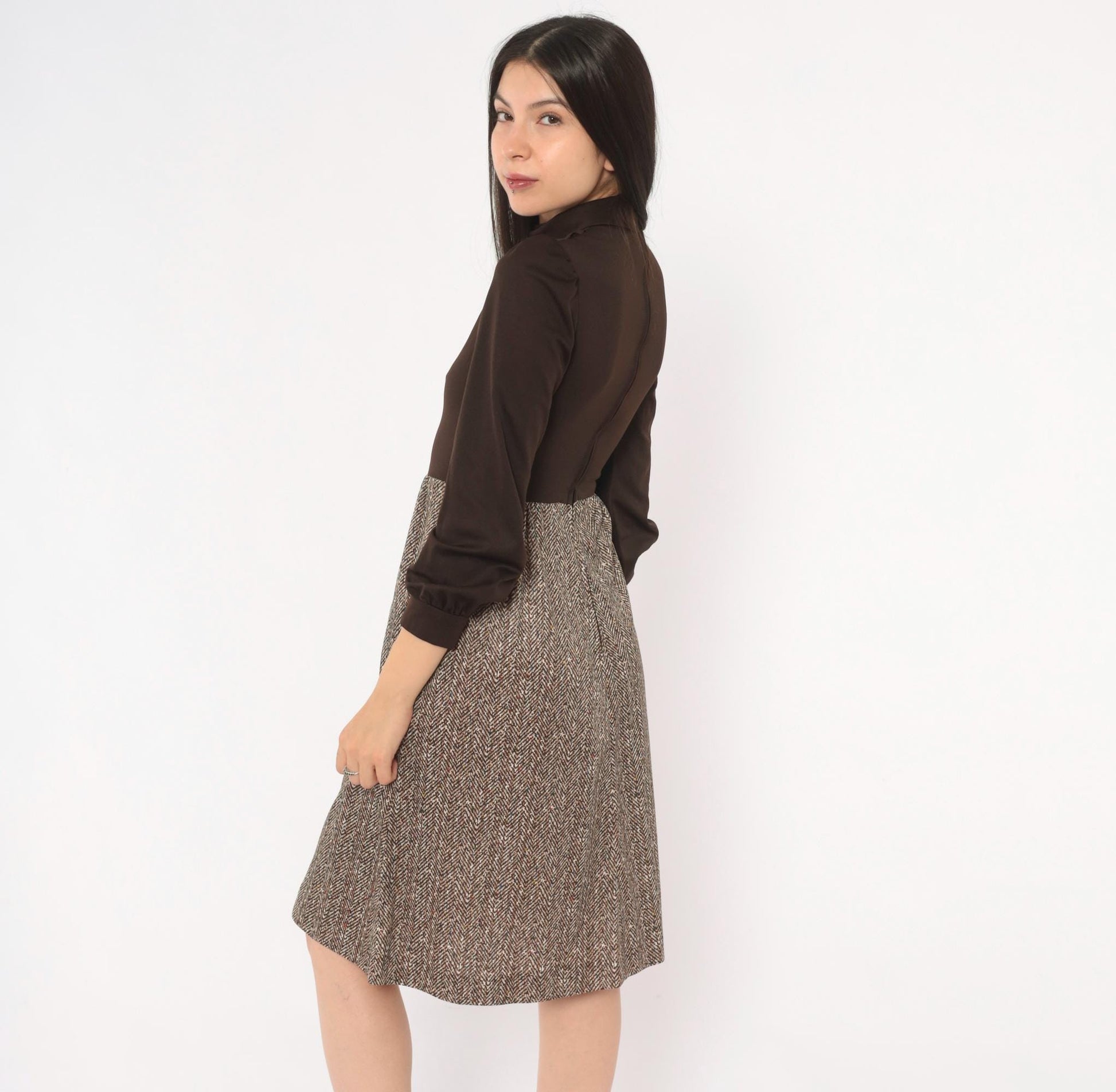 70s Brown Herringbone A-Line Dress Puff Sleeve Turtleneck Extra Small XS