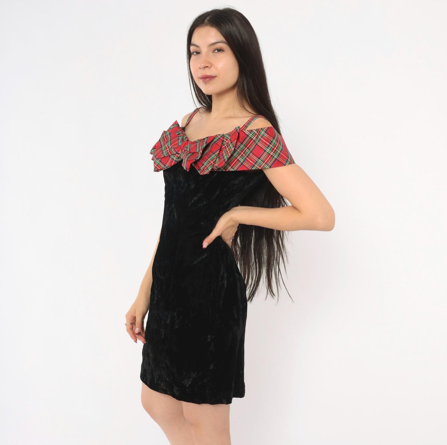 90s Badge Black Crushed Velvet Mini Dress Red Tartan Ruffle Off-Shoulder Extra Small XS