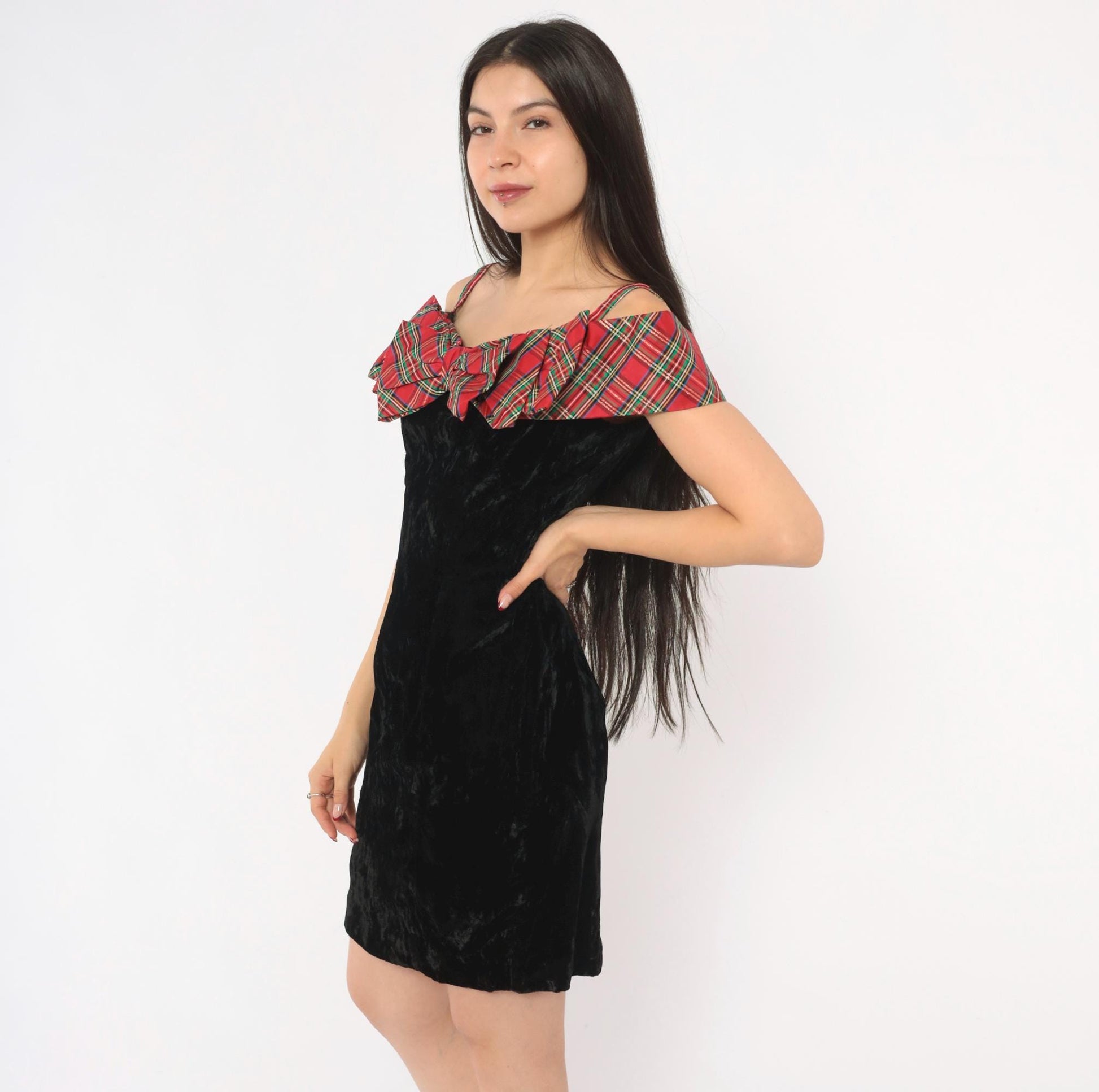 90s Badge Black Crushed Velvet Mini Dress Red Tartan Ruffle Off-Shoulder Extra Small XS