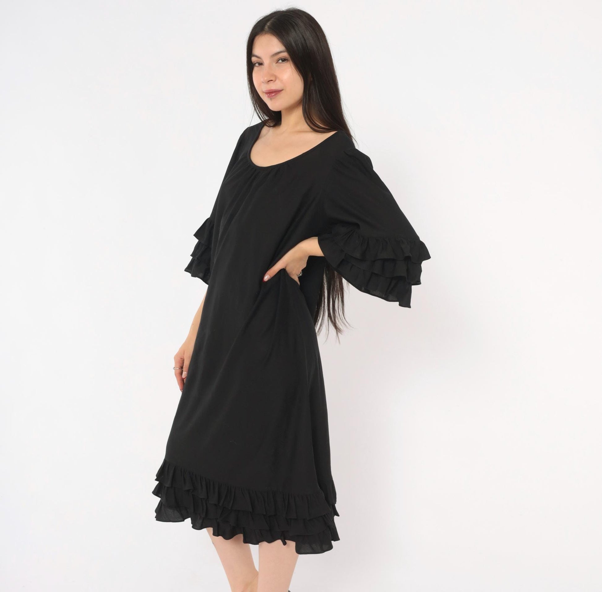 70s Black Midi Dress Ruffle Sleeve Tiered Hem Pullover Large L