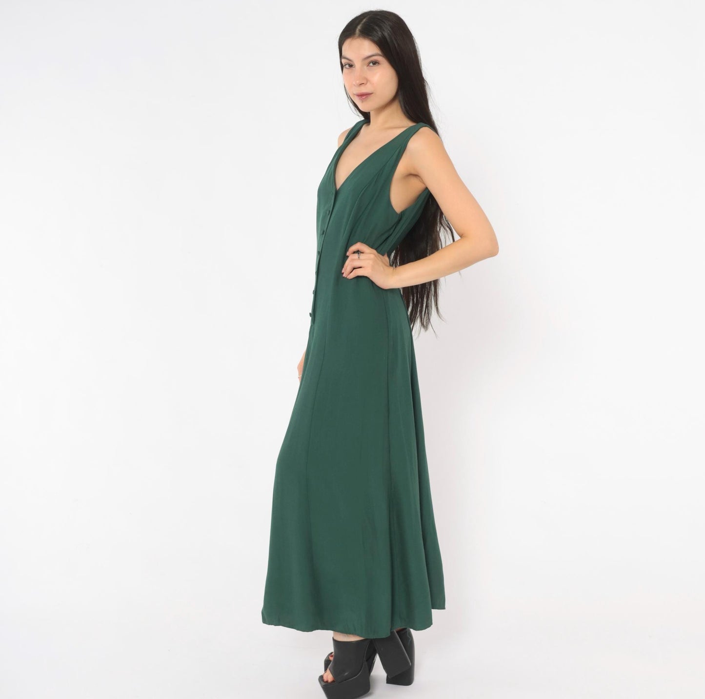 90s Olive Green Maxi Dress Sleeveless V Neck A Line Fitted Waist Medium M