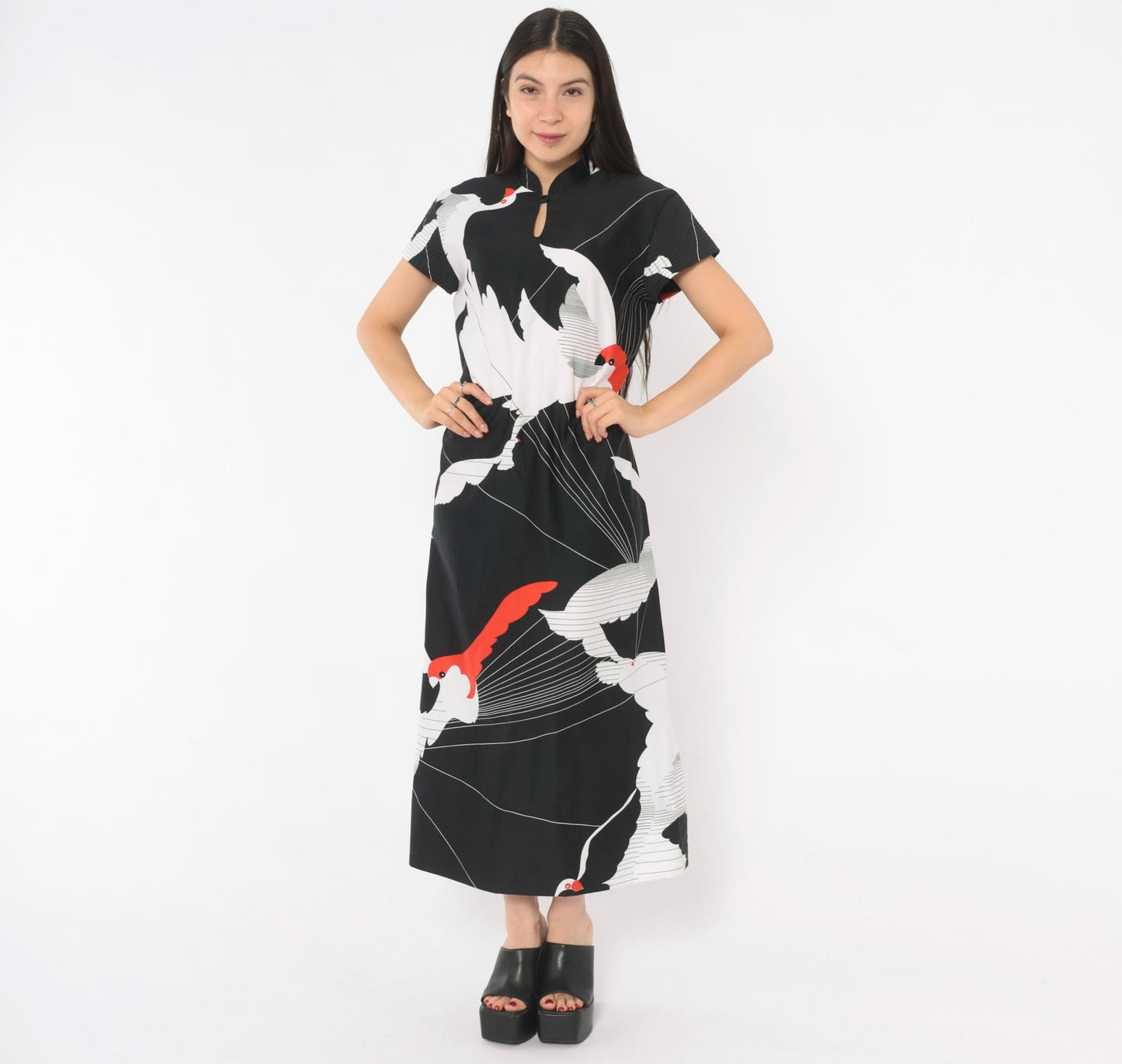 70s Tori Richard Crane Print Maxi Dress Black White Red Mandarin Collar Medium M