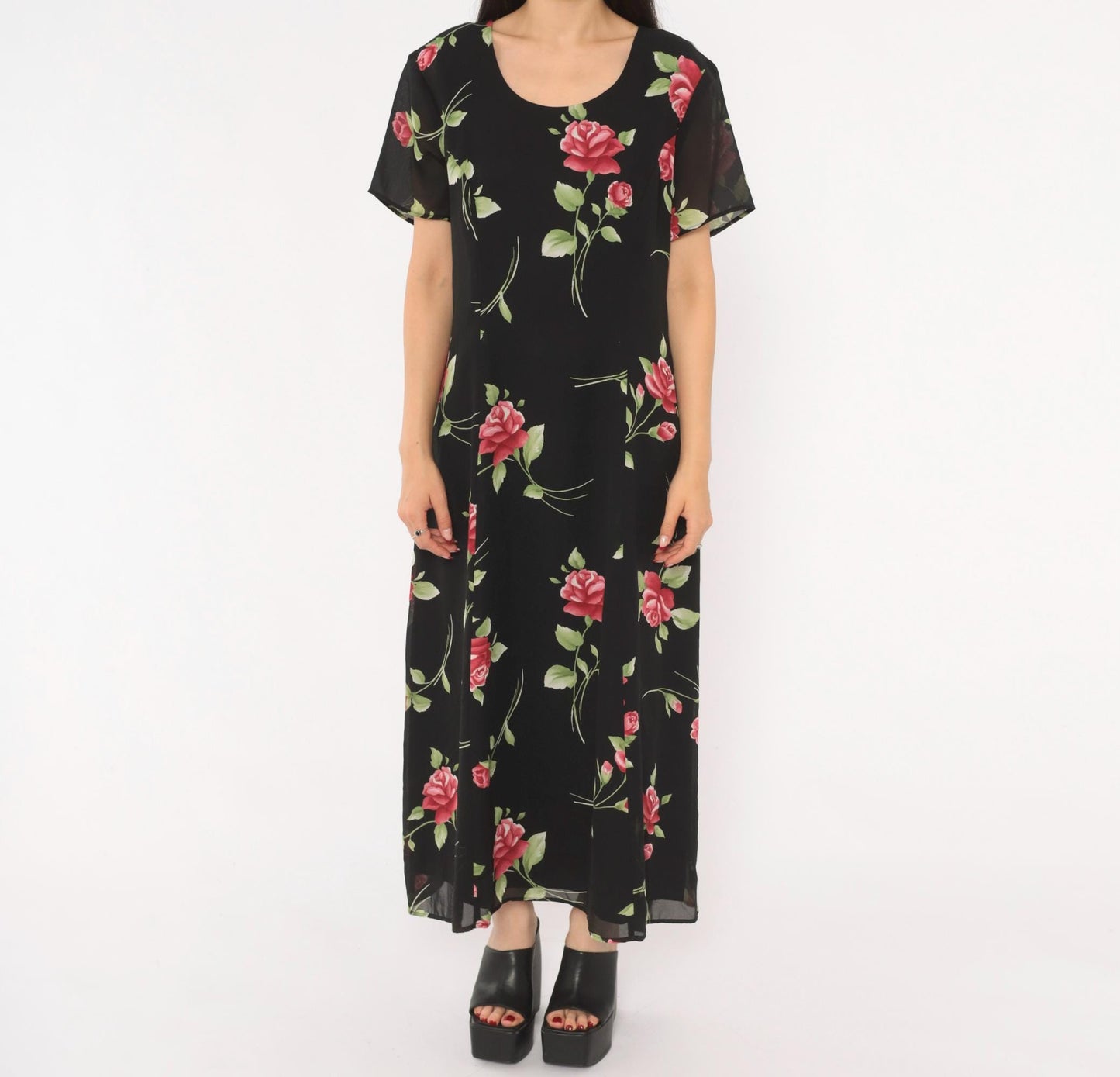 90s Black Rose Maxi Dress Floral Chiffon Scoop Neck A-Line Medium M