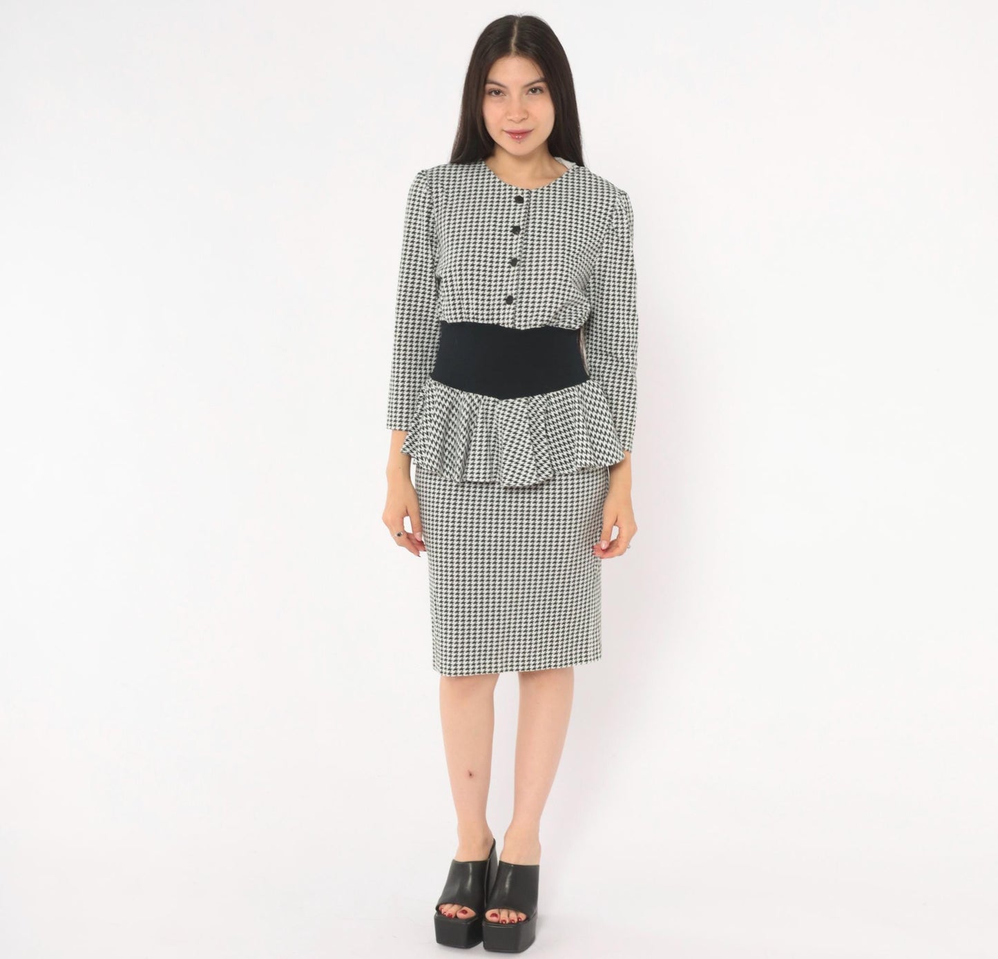 90s Breakin' Loose Houndstooth Peplum Dress Black White Check Small