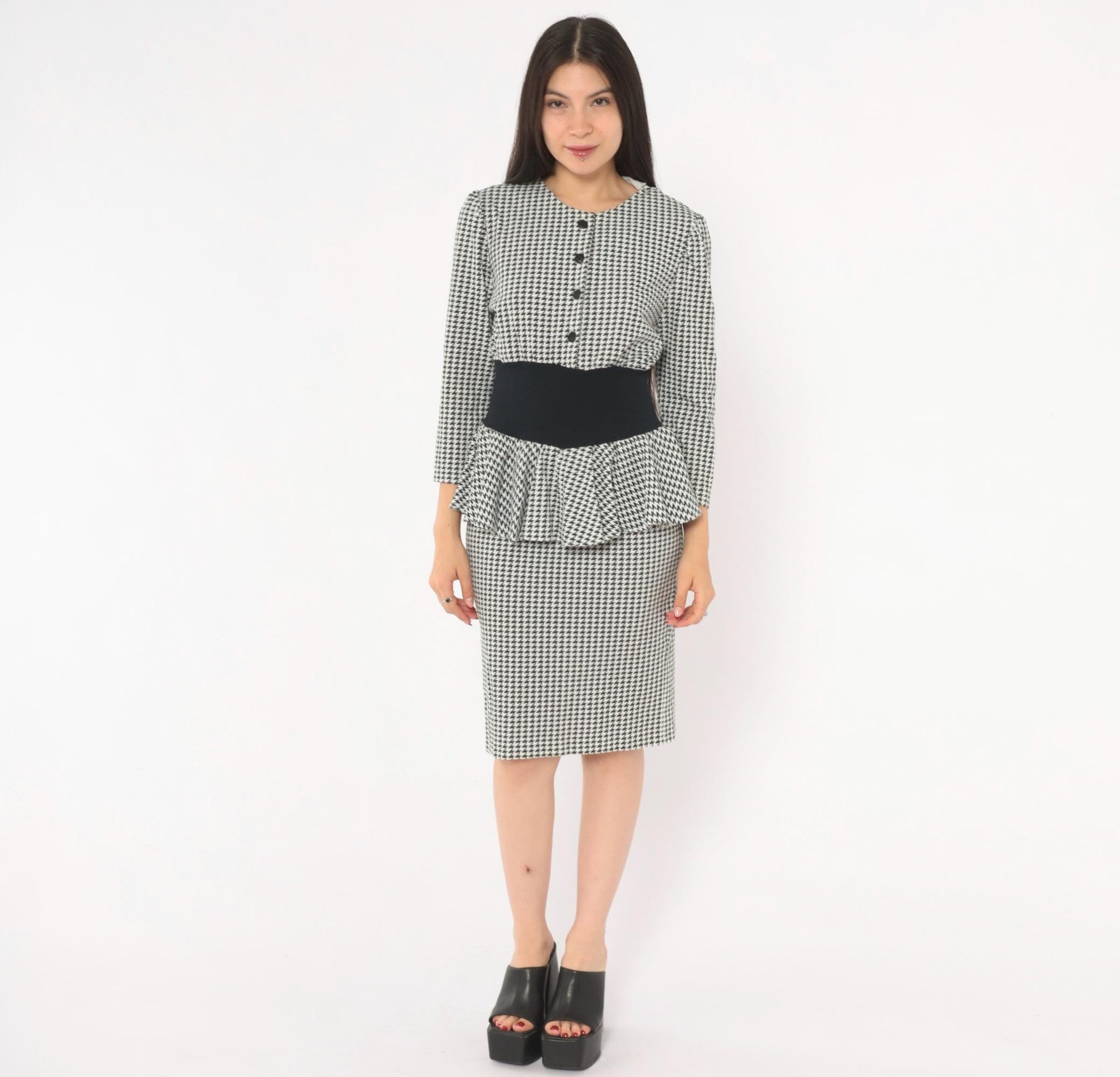 90s Breakin' Loose Houndstooth Peplum Dress Black White Check Small