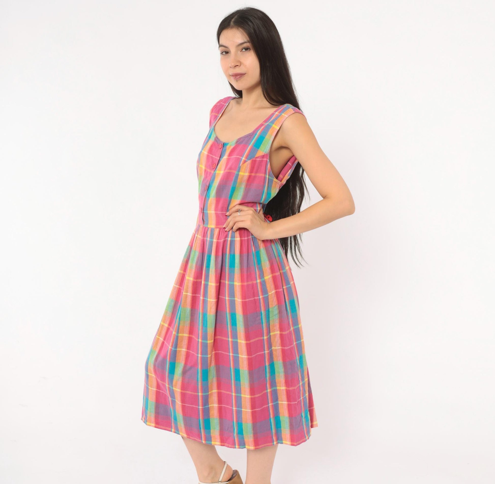 90s Madras Plaid Sundress Pink Turquoise Cotton Button Front Mid-Calf Medium M