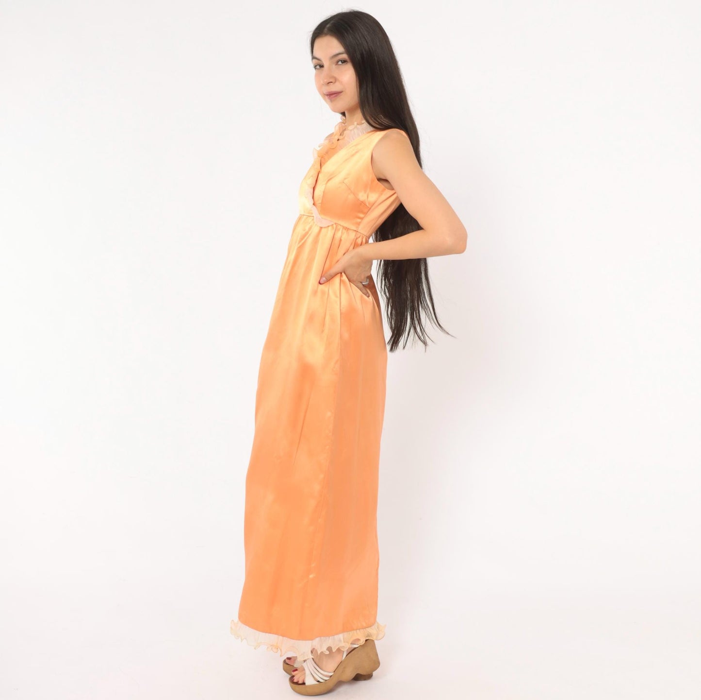 70s Peach Satin Nightgown Surplice V Neck Ruffle Lace Maxi Slip Extra Small XS