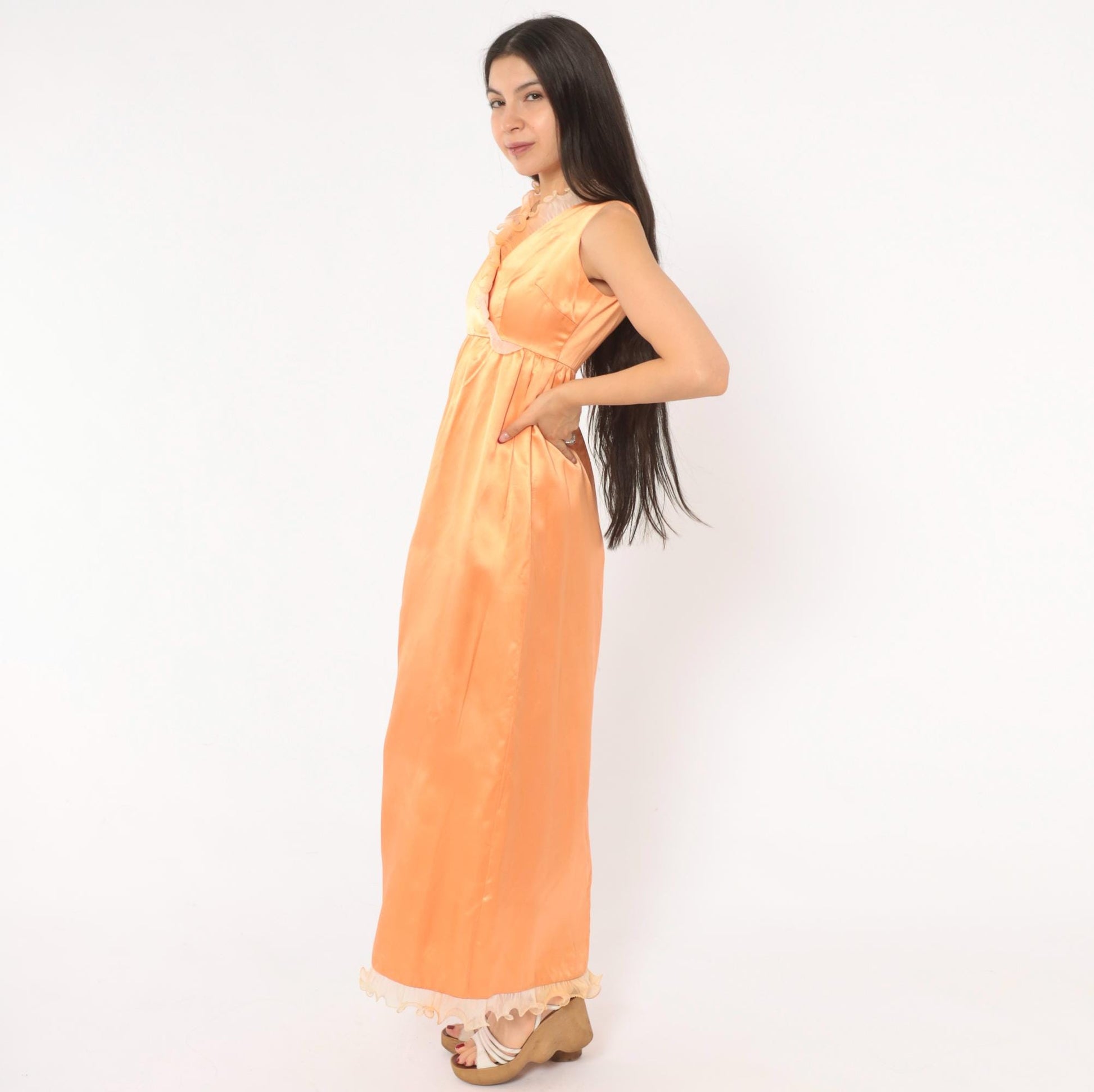70s Peach Satin Nightgown Surplice V Neck Ruffle Lace Maxi Slip Extra Small XS
