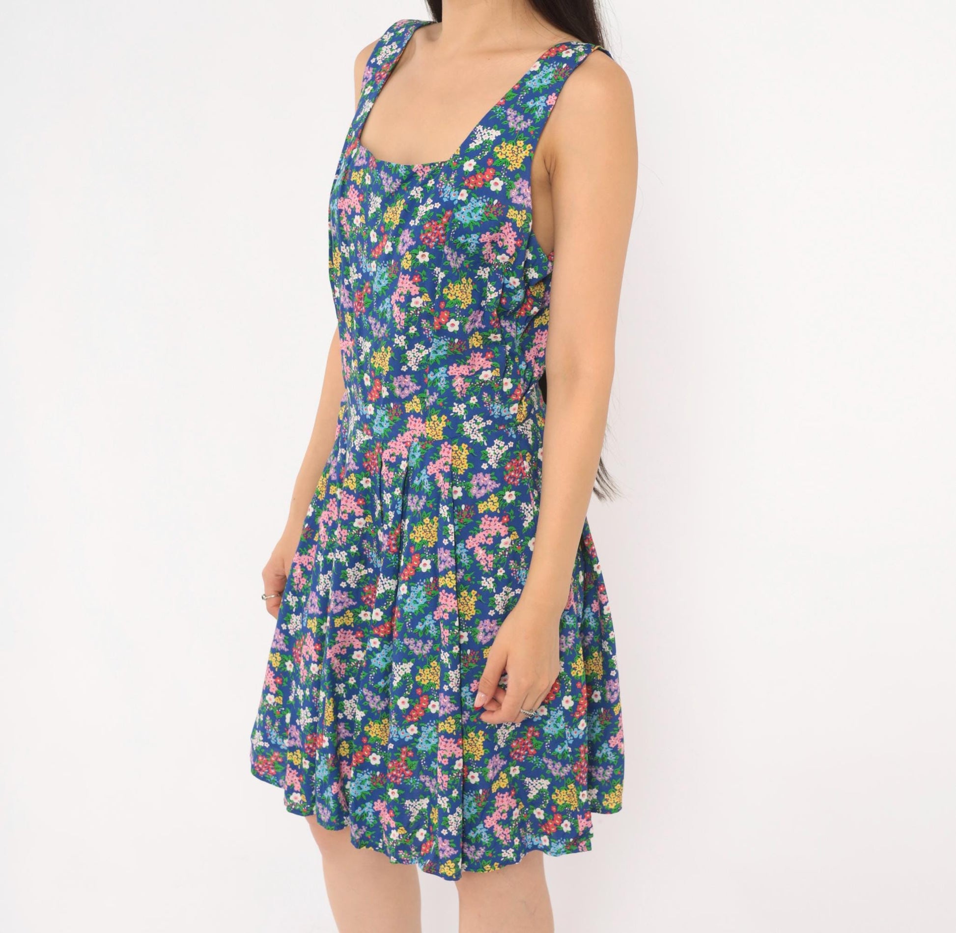 90s Liz Claiborne Floral Sundress Blue Pink Garden Print Mini Medium M