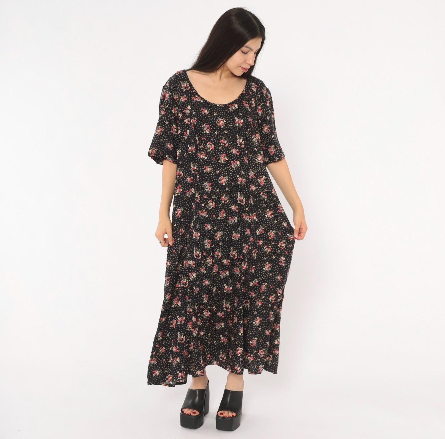 90s Jamie Brooke Black Floral Maxi Dress Pink Blue Scoop Neck Medium M