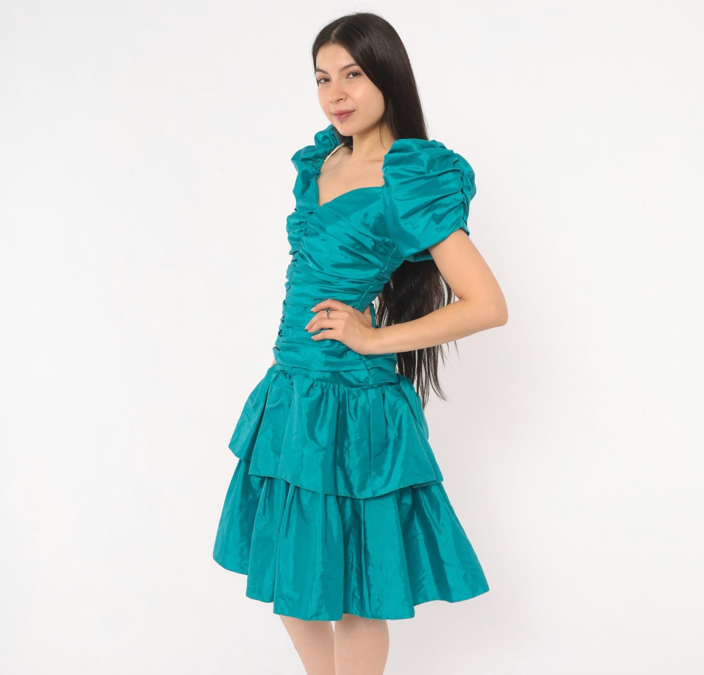 80s Teal Prom Dress Puff Sleeve Sweetheart Neckline Tiered Ruffle Skirt Small S