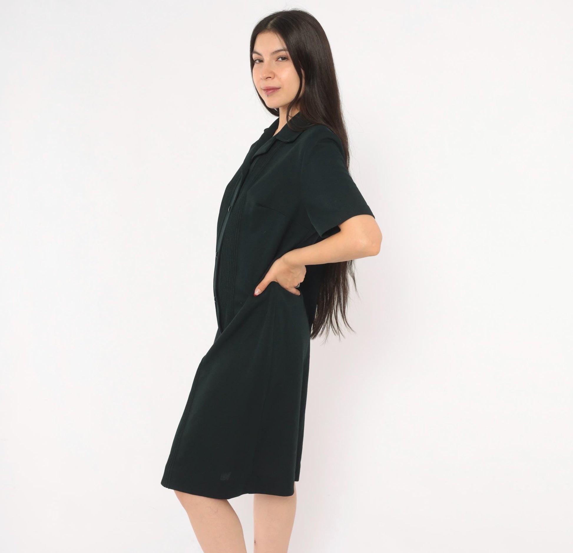 70s Black Pintuck Shirtdress Button Front Notched Collar Knee Length Large L