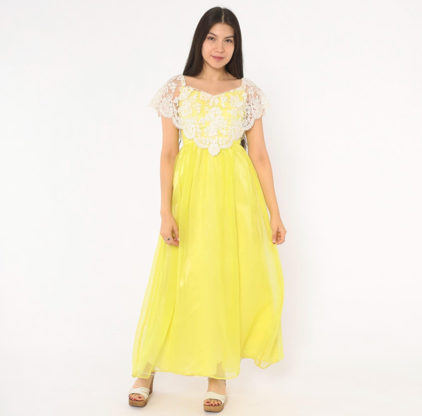 70s Yellow Chiffon Maxi Dress White Lace Overlay Empire Waist V Neck Extra Small XS