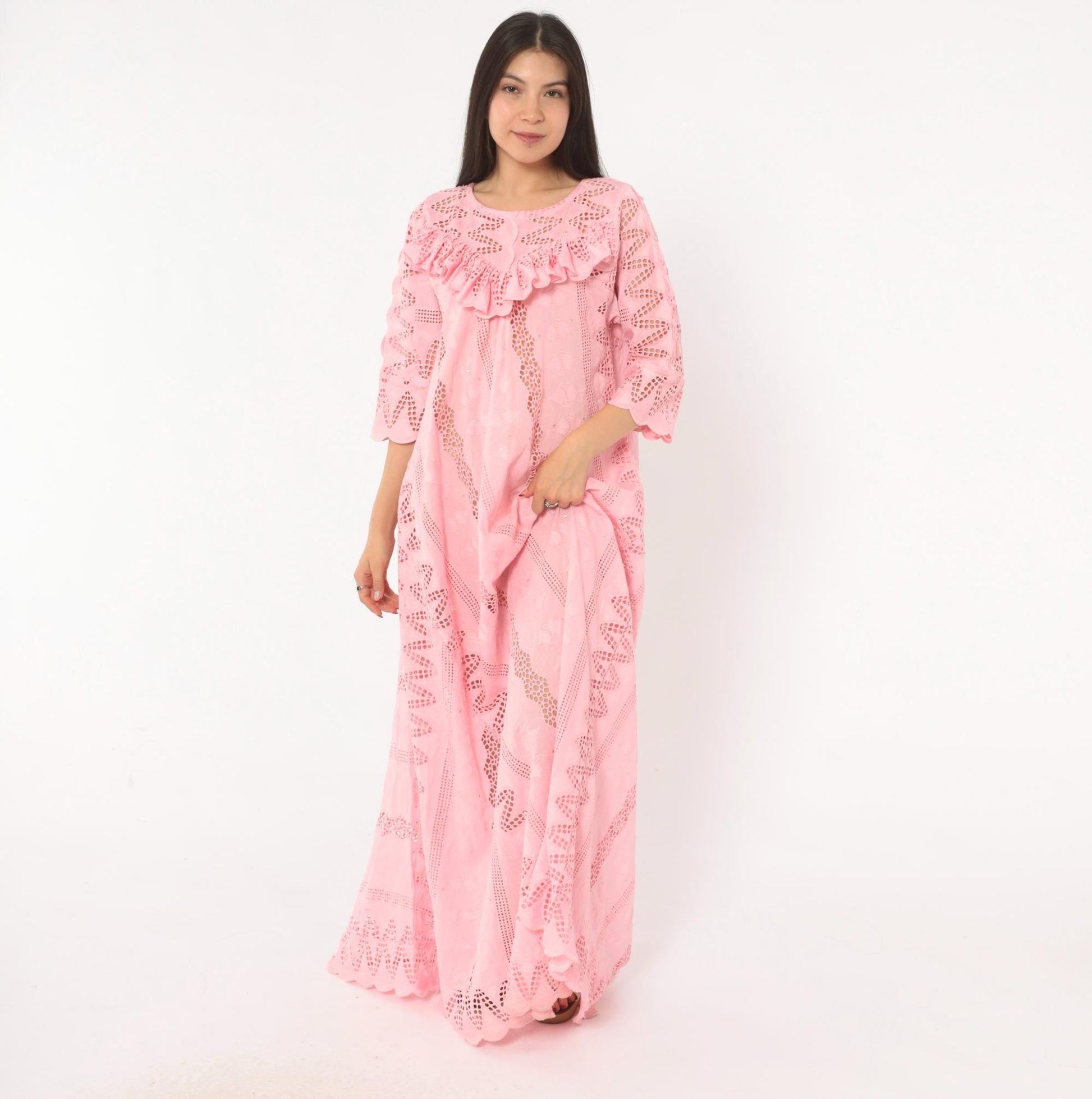 80s Pink Eyelet Lace Maxi Dress Cutwork Embroidered Puff Sleeve Medium M