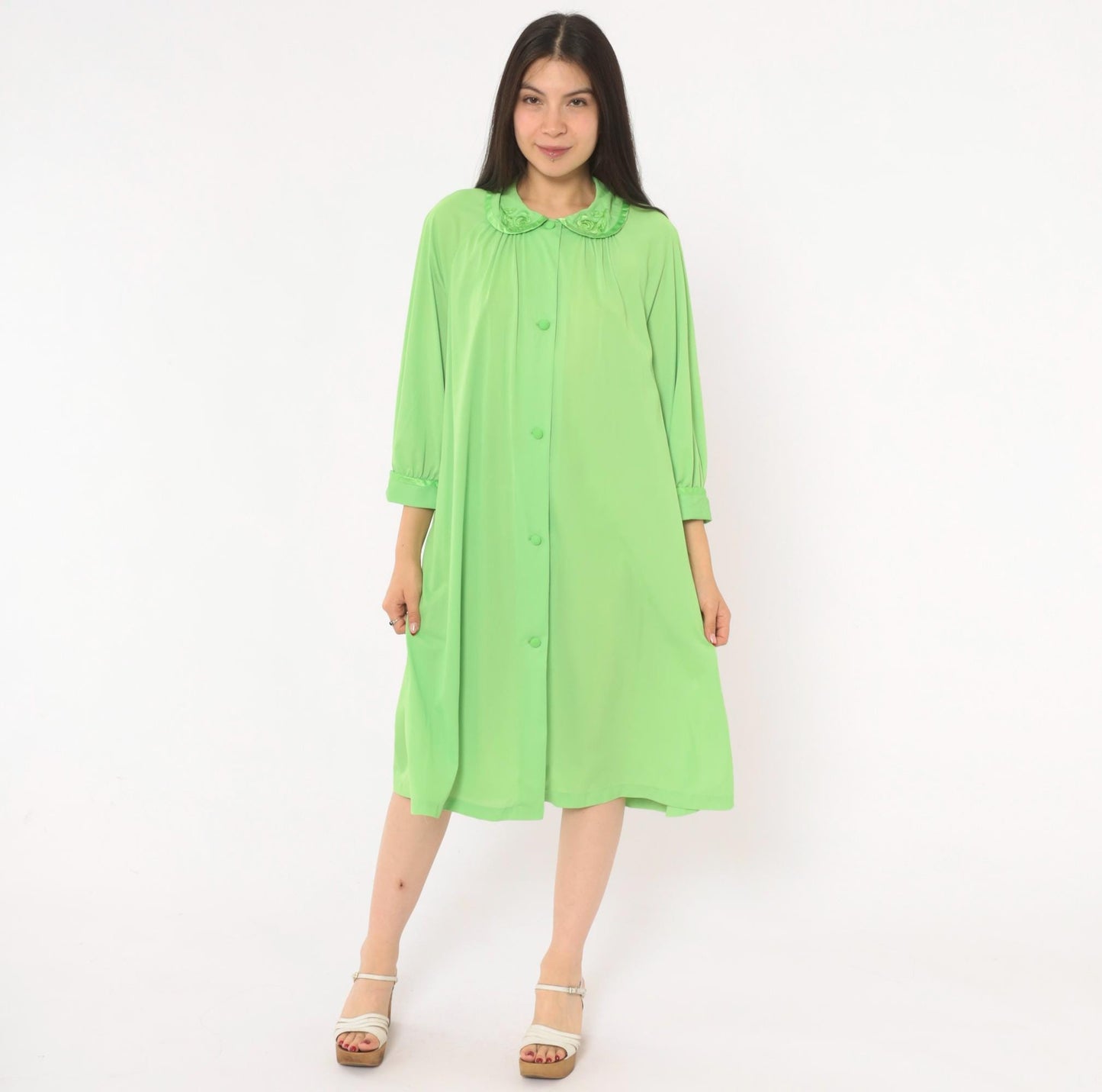 70s Mint Green Button-Front Housecoat Peter Pan Collar Satin Trim Large L