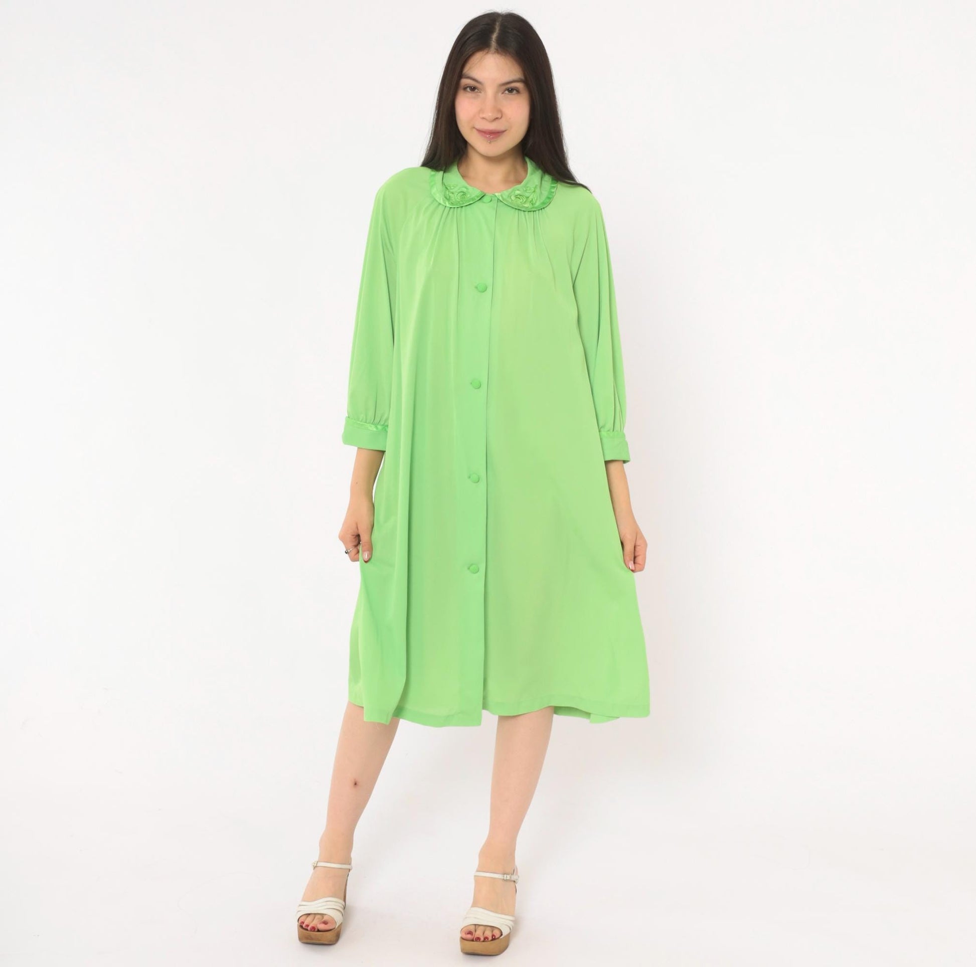 70s Mint Green Button-Front Housecoat Peter Pan Collar Satin Trim Large L