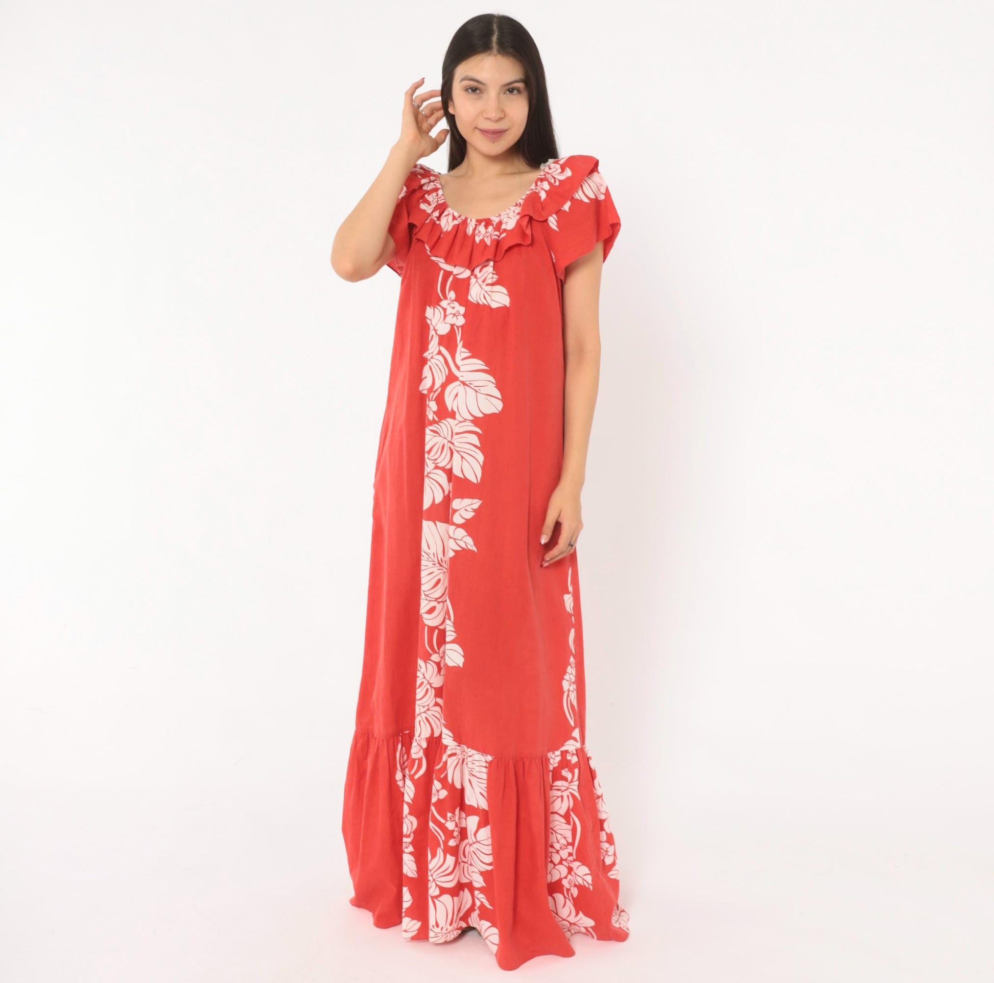 80s Hilo Hattie Hawaiian Muumuu Red Monstera Floral Maxi Dress Large