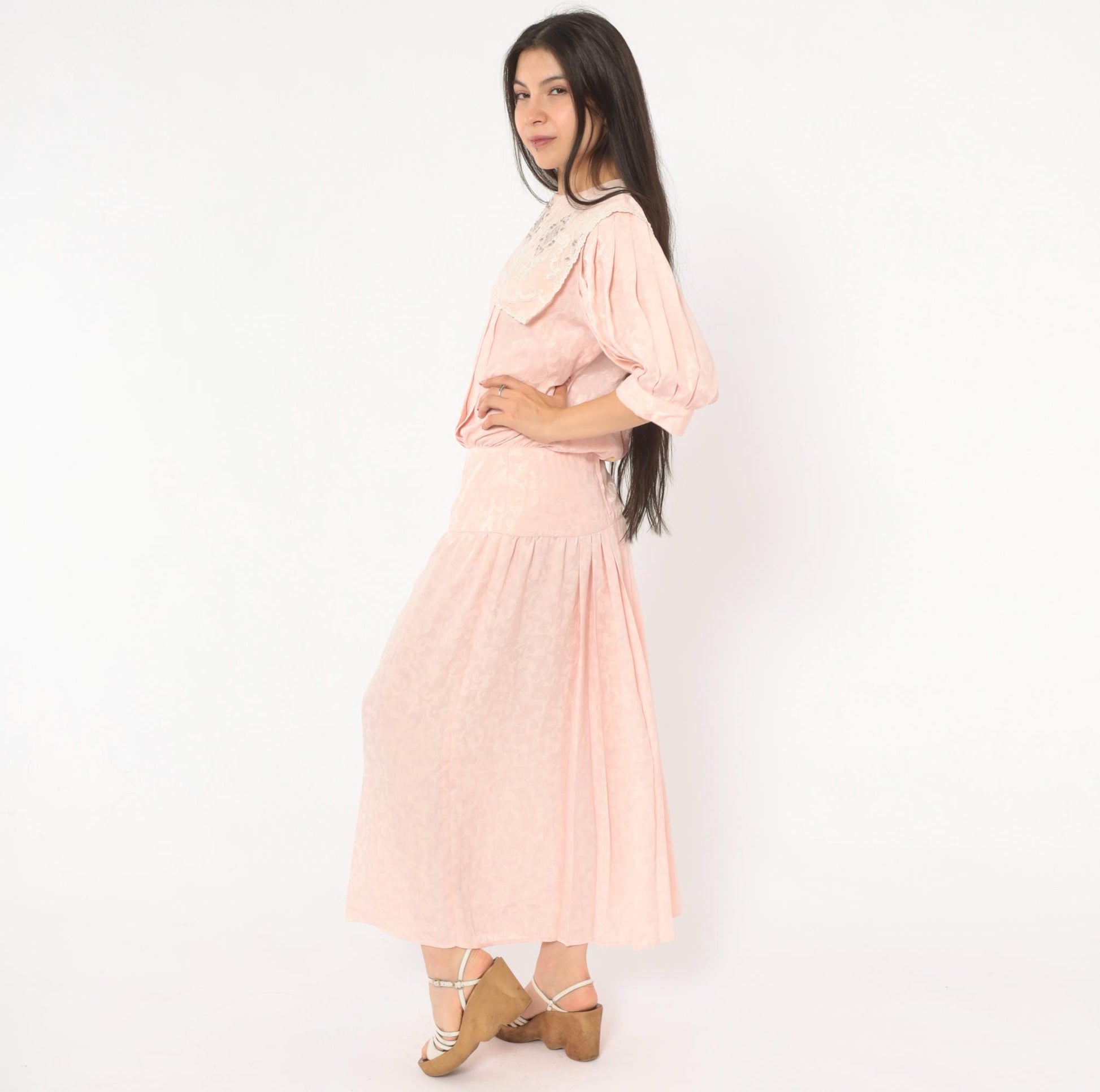 80s Nilani Blush Pink Maxi Dress Lace Cape Collar Floral Jacquard Small