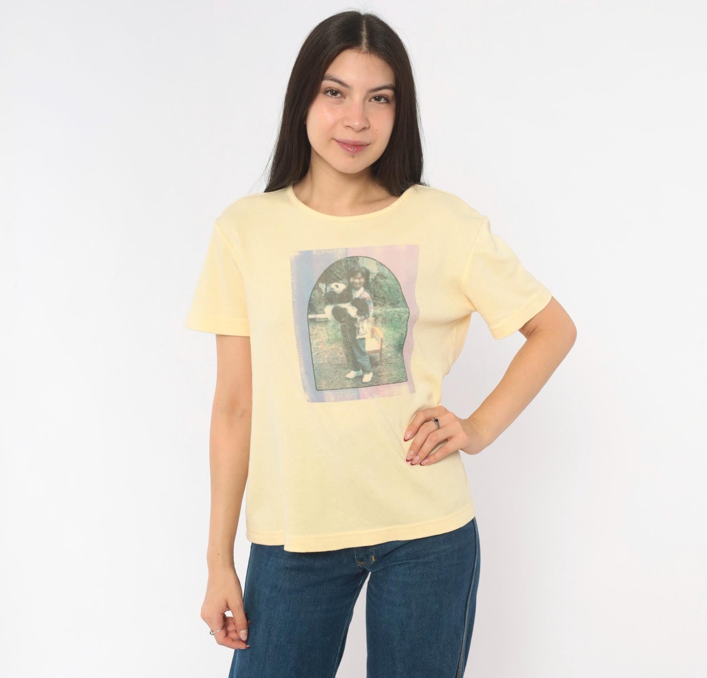 90s Basic Editions Panda Photo Print Tee Butter Yellow Heart Graphic Small