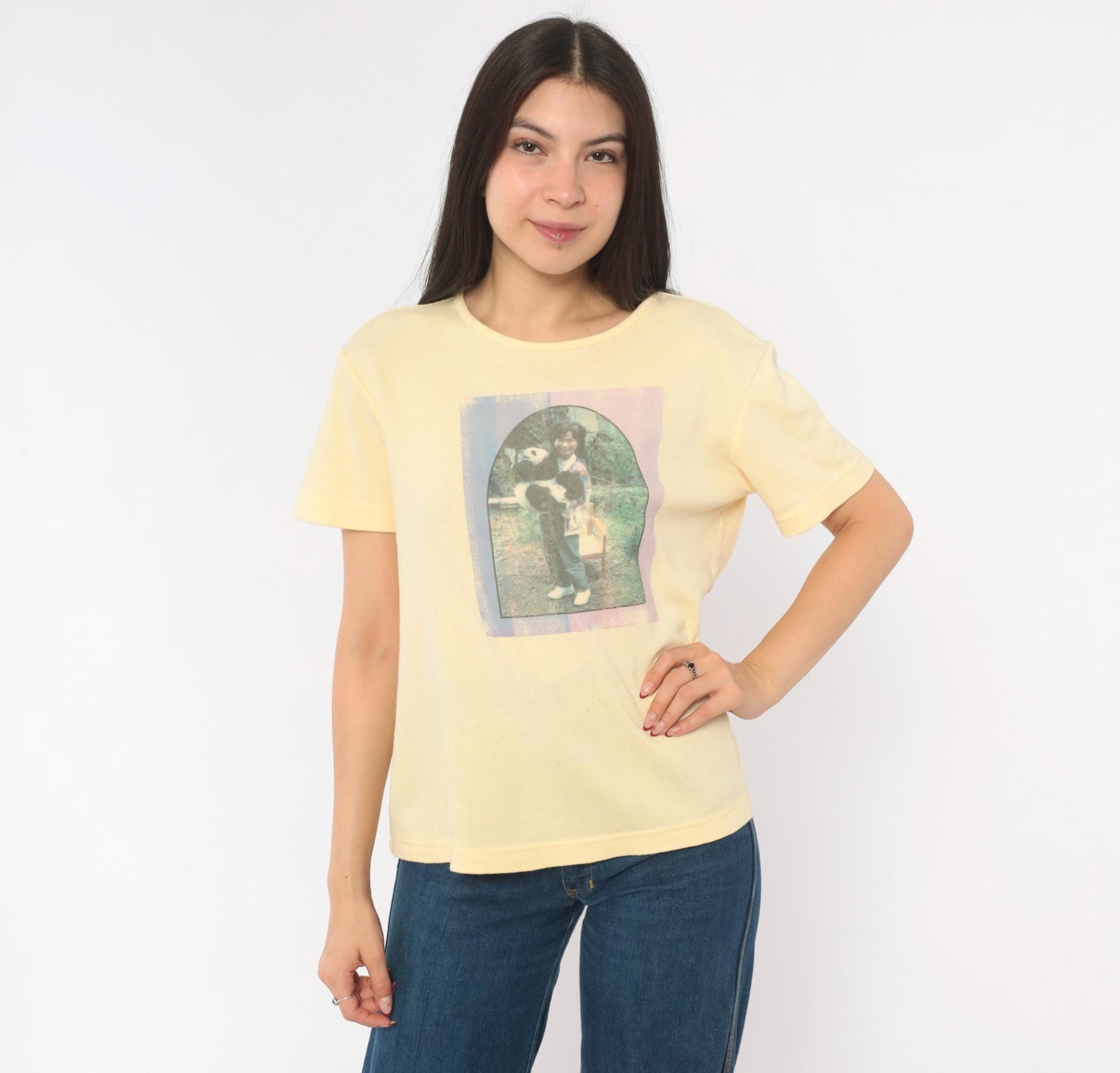90s Basic Editions Panda Photo Print Tee Butter Yellow Heart Graphic Small