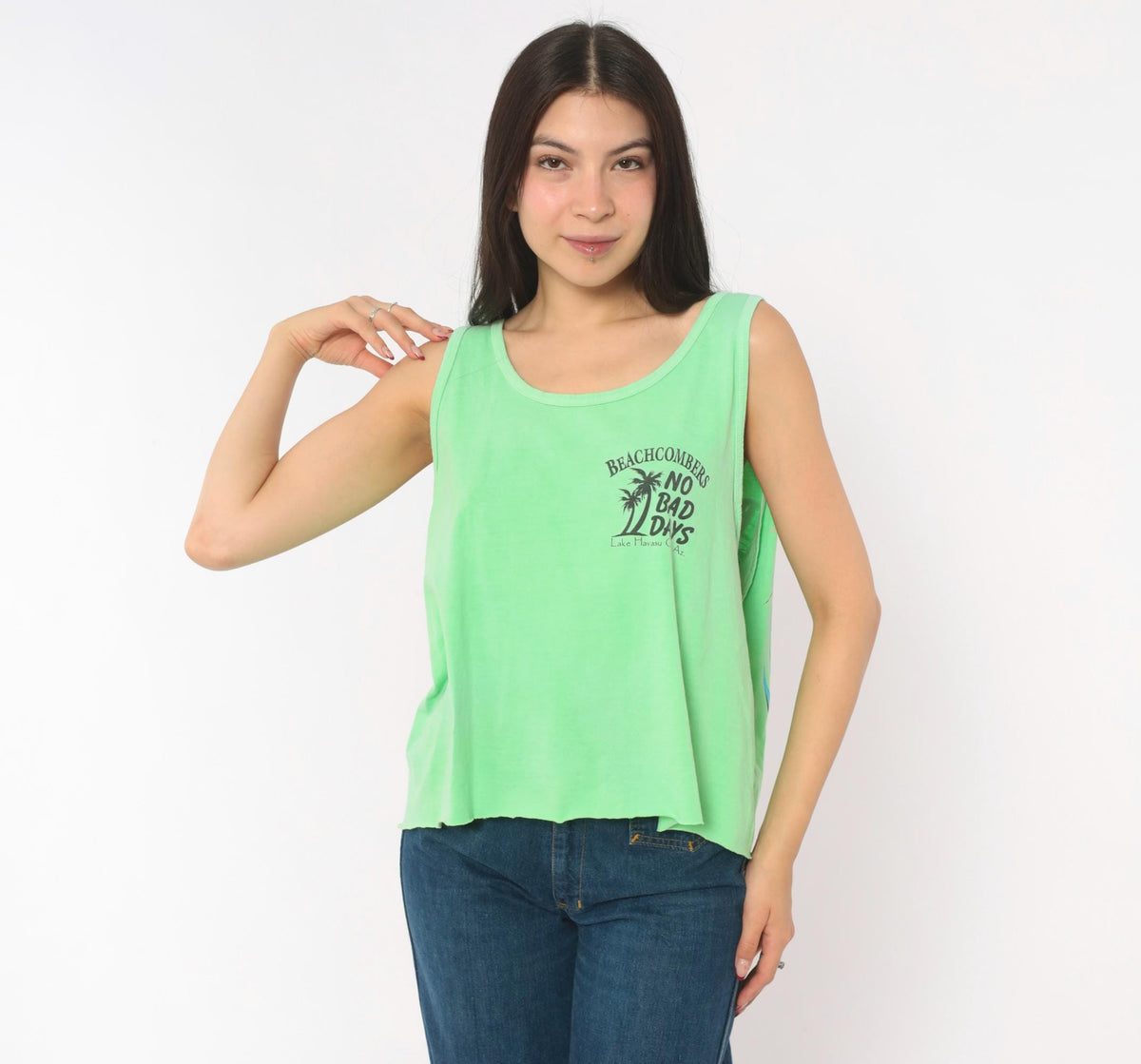 90s Authentic Pigment Neon Green Tank Top Jet Ski Graphic Lake Havasu Large