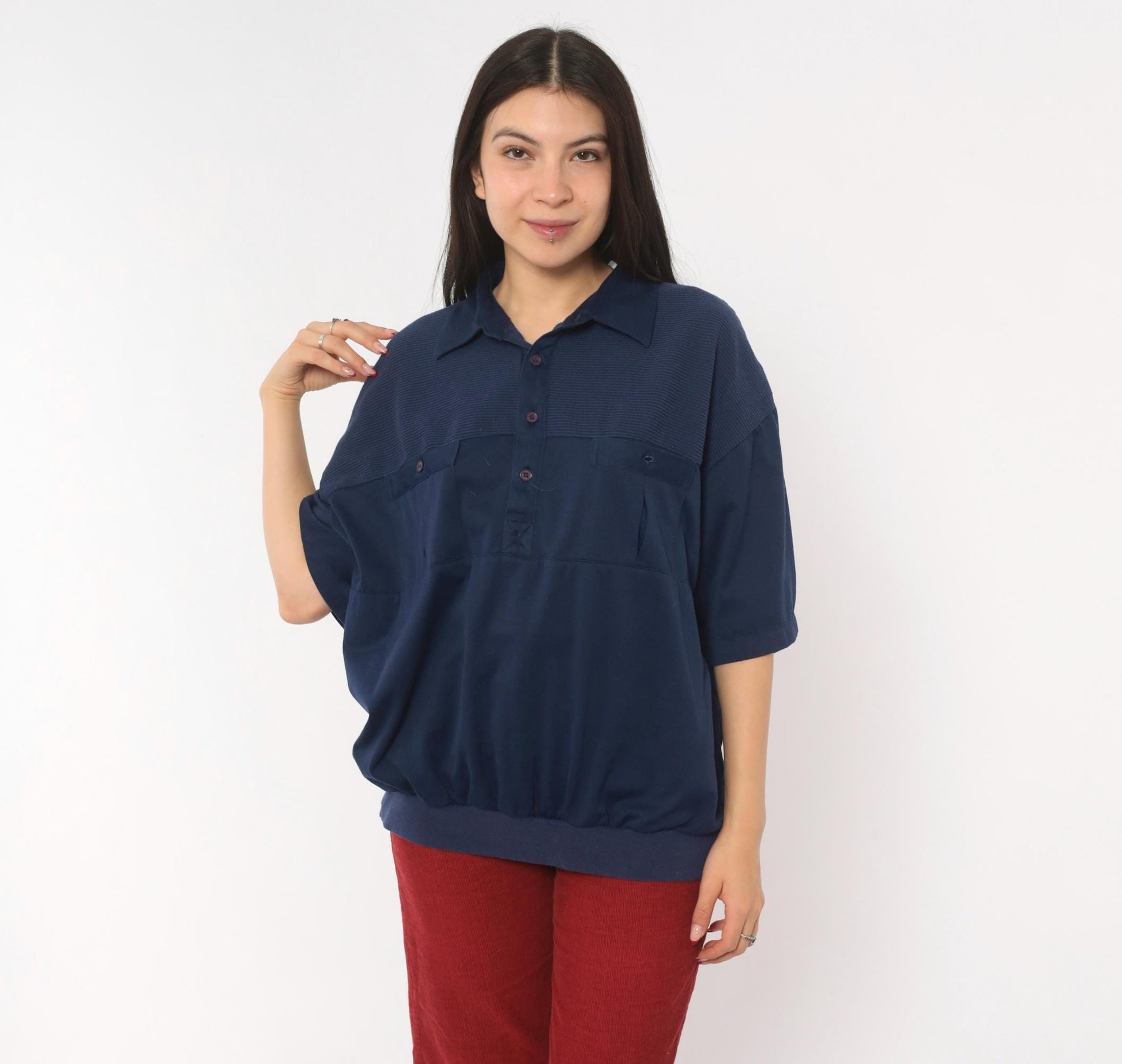 90s Navy Polo Shirt Classics Ribbed Yoke Button Front Knit Extra Large XL