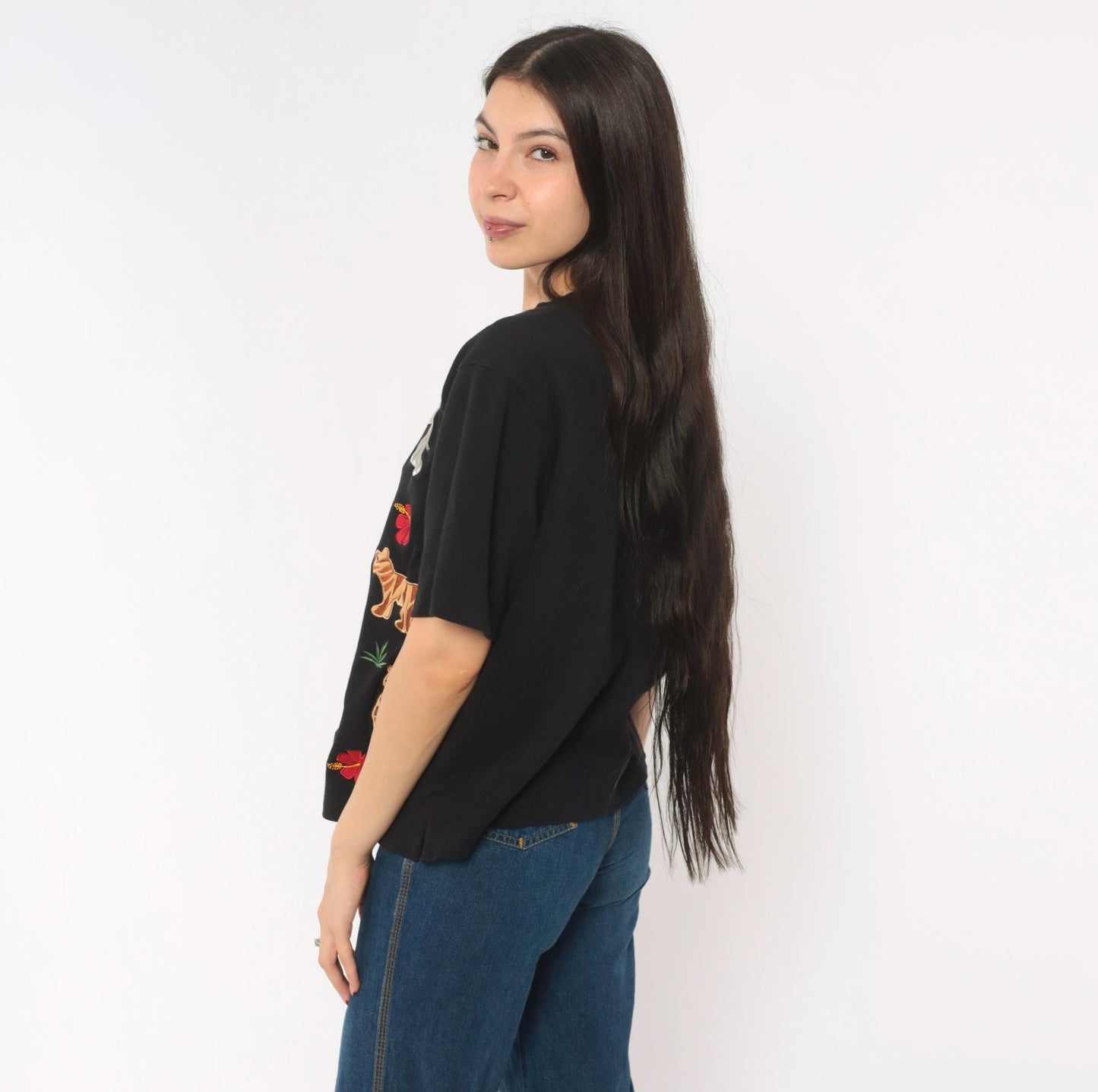 90s Bechamel Safari Animal Applique Cardigan Black Cotton Button Front Large L