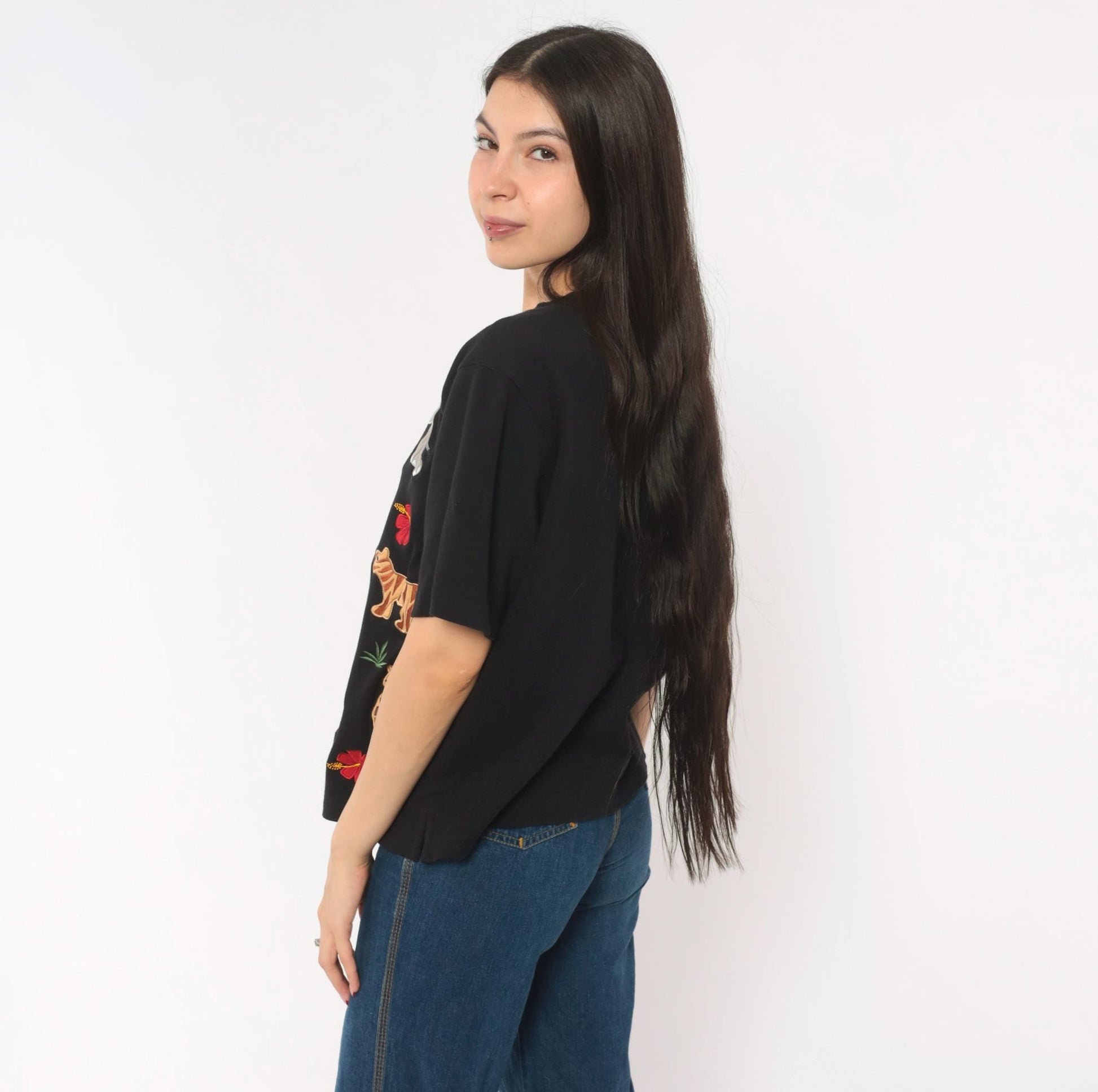 90s Bechamel Safari Animal Applique Cardigan Black Cotton Button Front Large L
