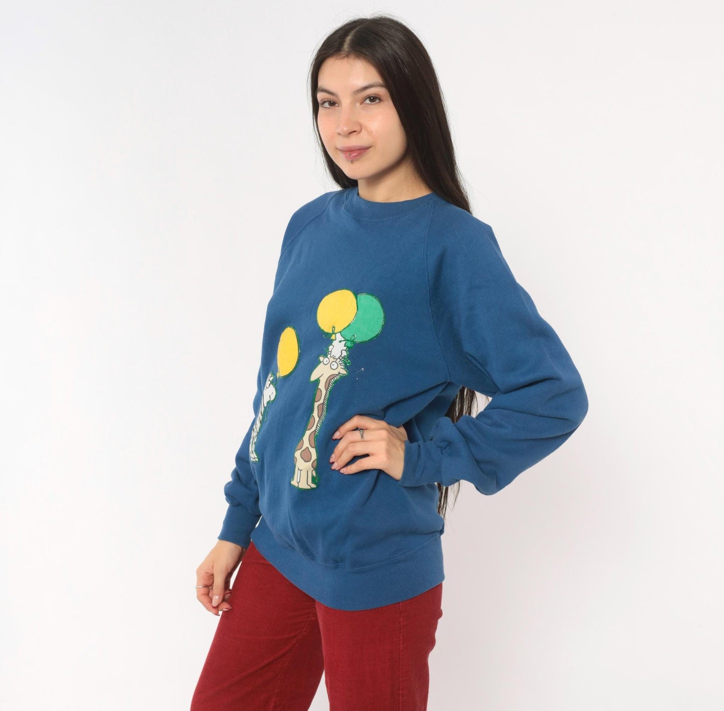 90s Jerzees Zebra Giraffe Balloon Sweatshirt Blue Raglan Applique Cotton Large