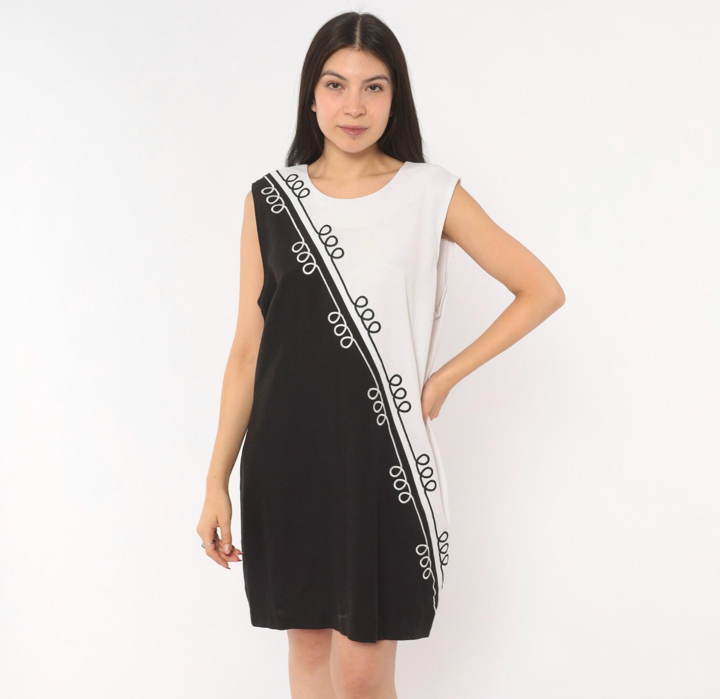 90s Sunshine Starshine Black White Colorblock Shift Dress Scoop Neck Large L