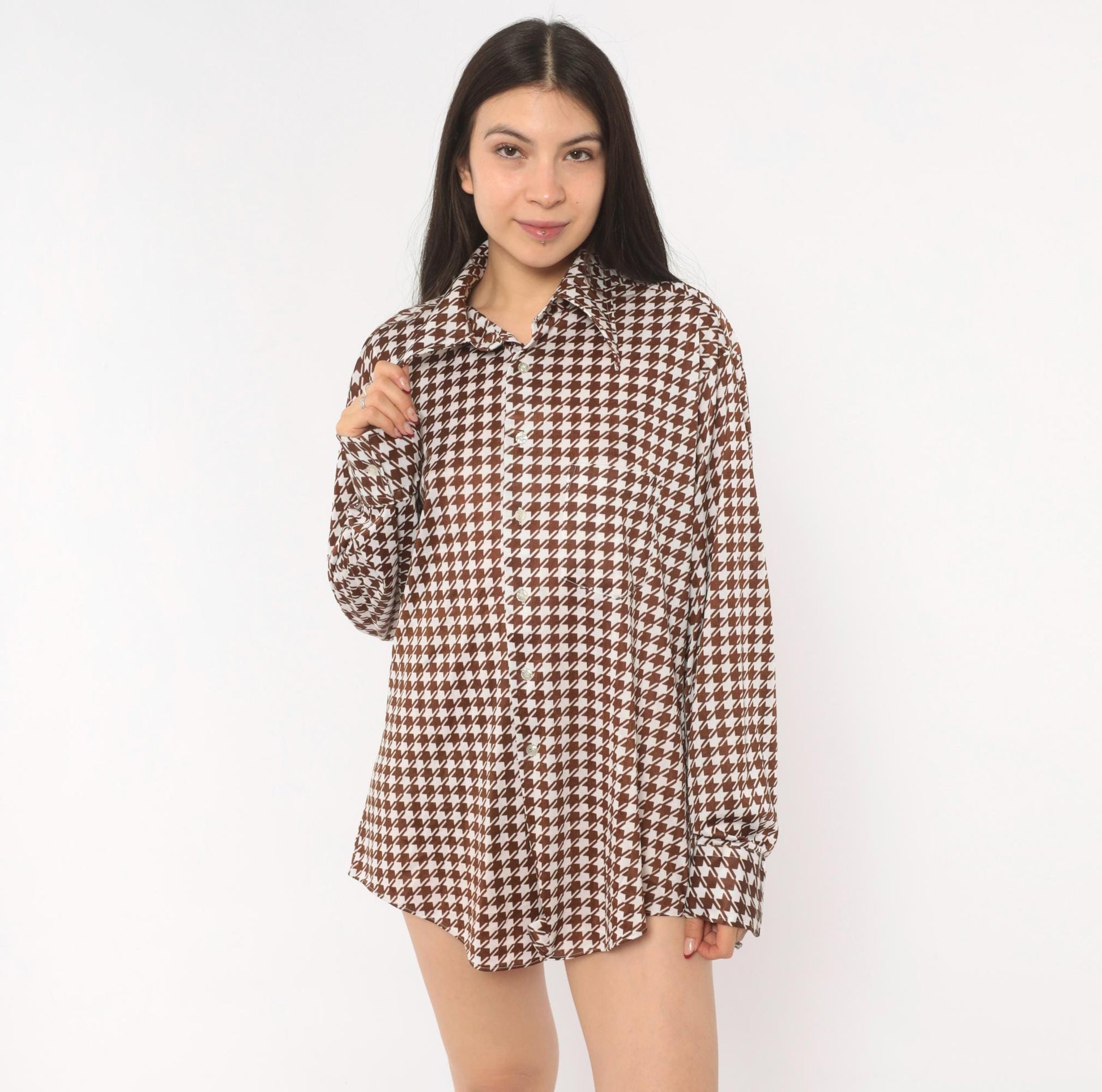 70s Brown White Houndstooth Button Up Shirt Pointed Collar Chest Pocket Large