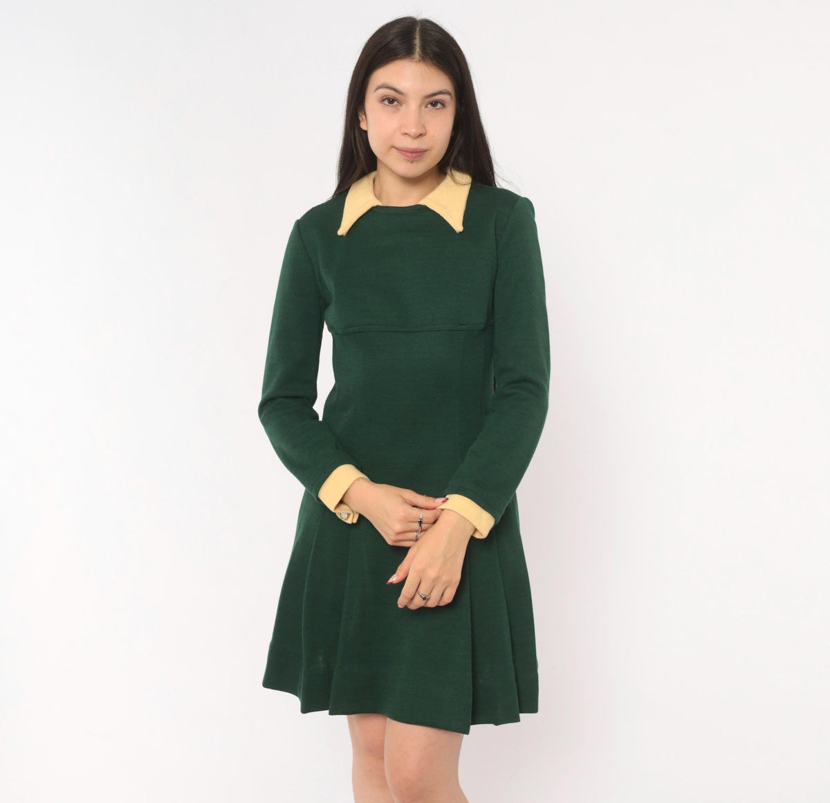 1960s Mod Mini Dress Olive Wool Pointed Collar Cream Long Sleeve Small