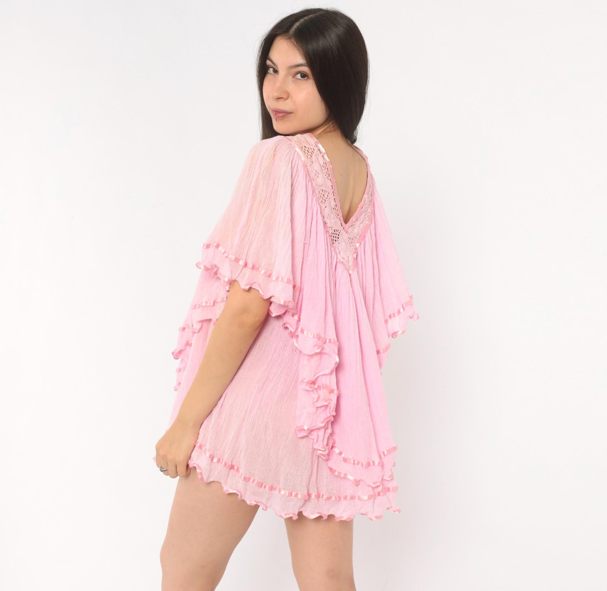 90s Pink Cotton Gauze Crochet V-Neck Blouse Ribbon Butterfly Sleeve Medium