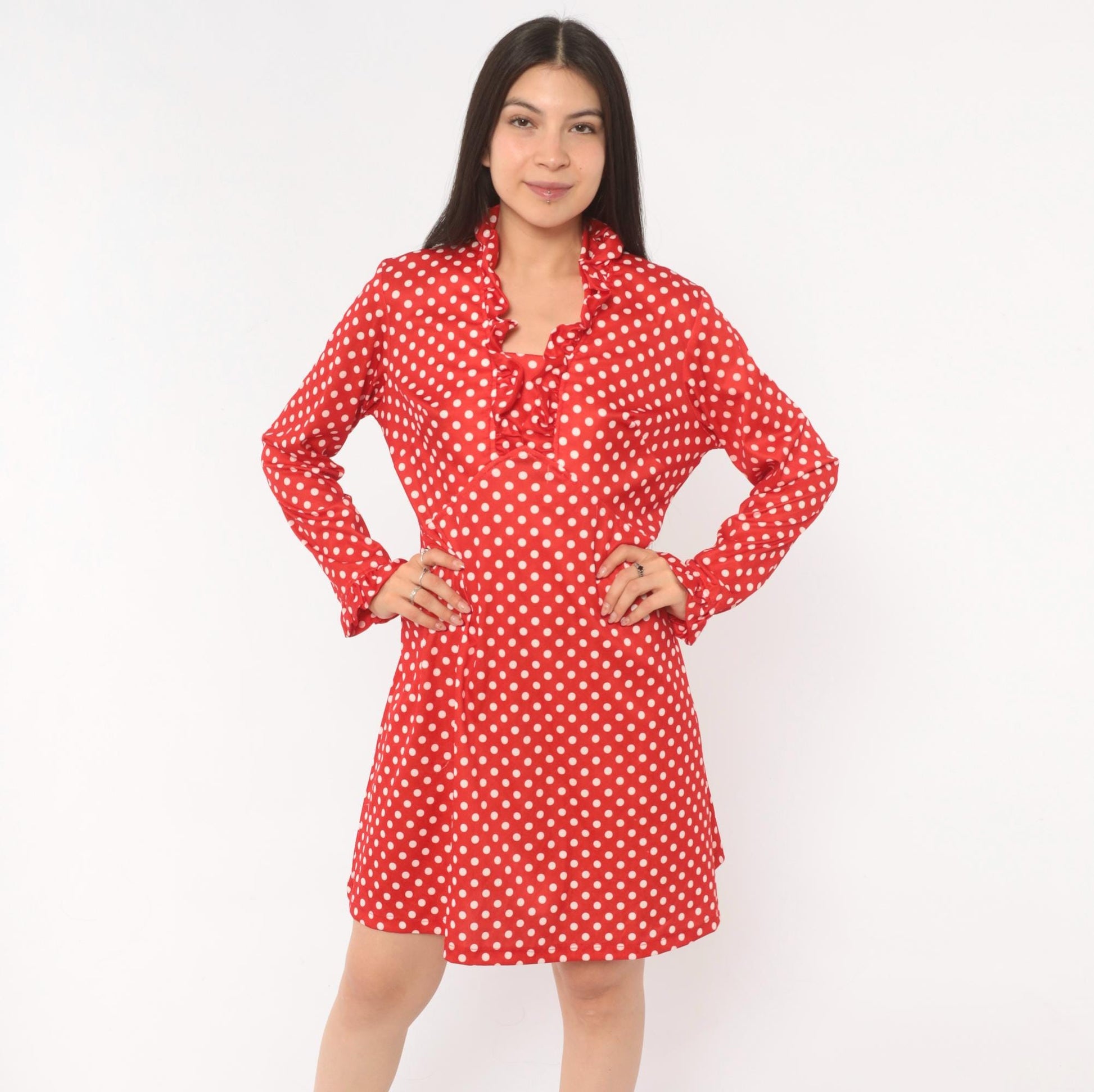 70s Red White Polka Dot Dress Long Sleeve V Neck Ruffle A Line Large