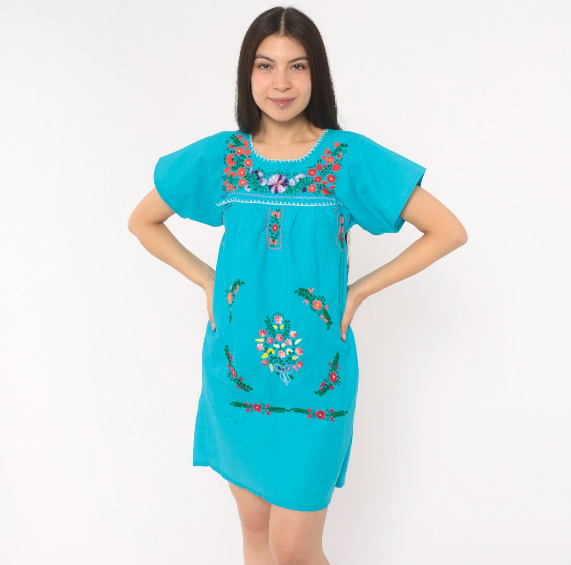 1970s Mexican Puebla Embroidered Cotton Dress Turquoise Floral Mini Extra Small