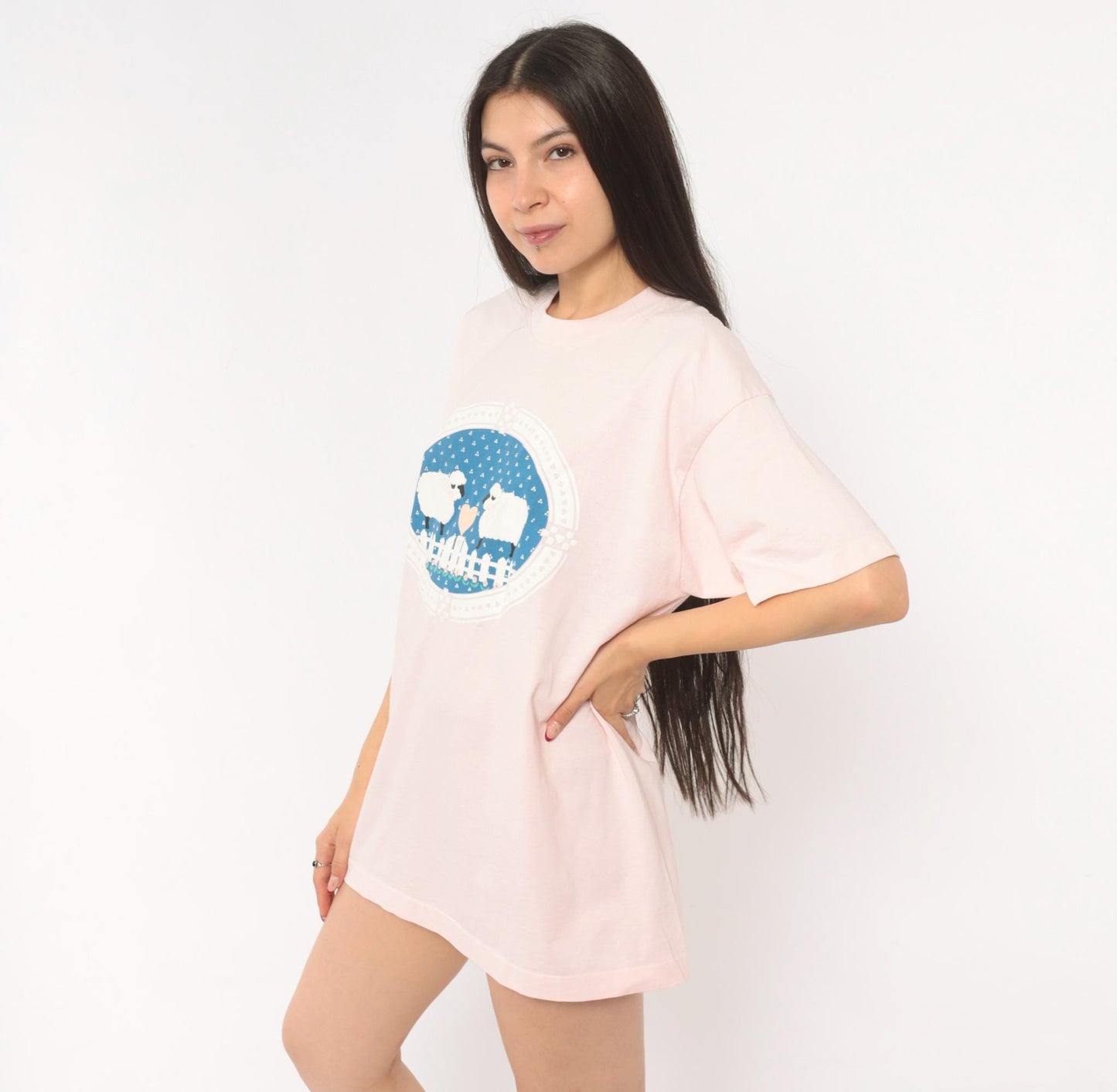 90s Screen Stars Sheep Heart Graphic Tee Pink Cotton Blush Print Extra Large XL
