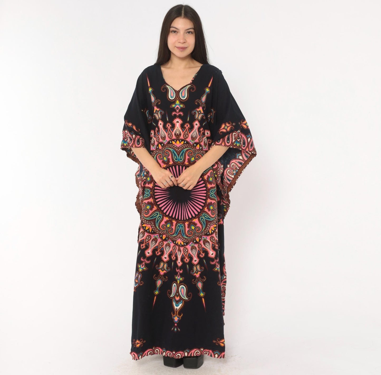 2000s Black Mandala Kaftan Paisley Print Pink V-Neck Bat Wing Maxi Dress One Size