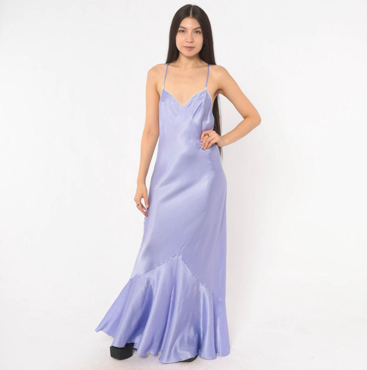 90s Lucie Ann Lavender Slip Gown Open Back Satin Lace Small