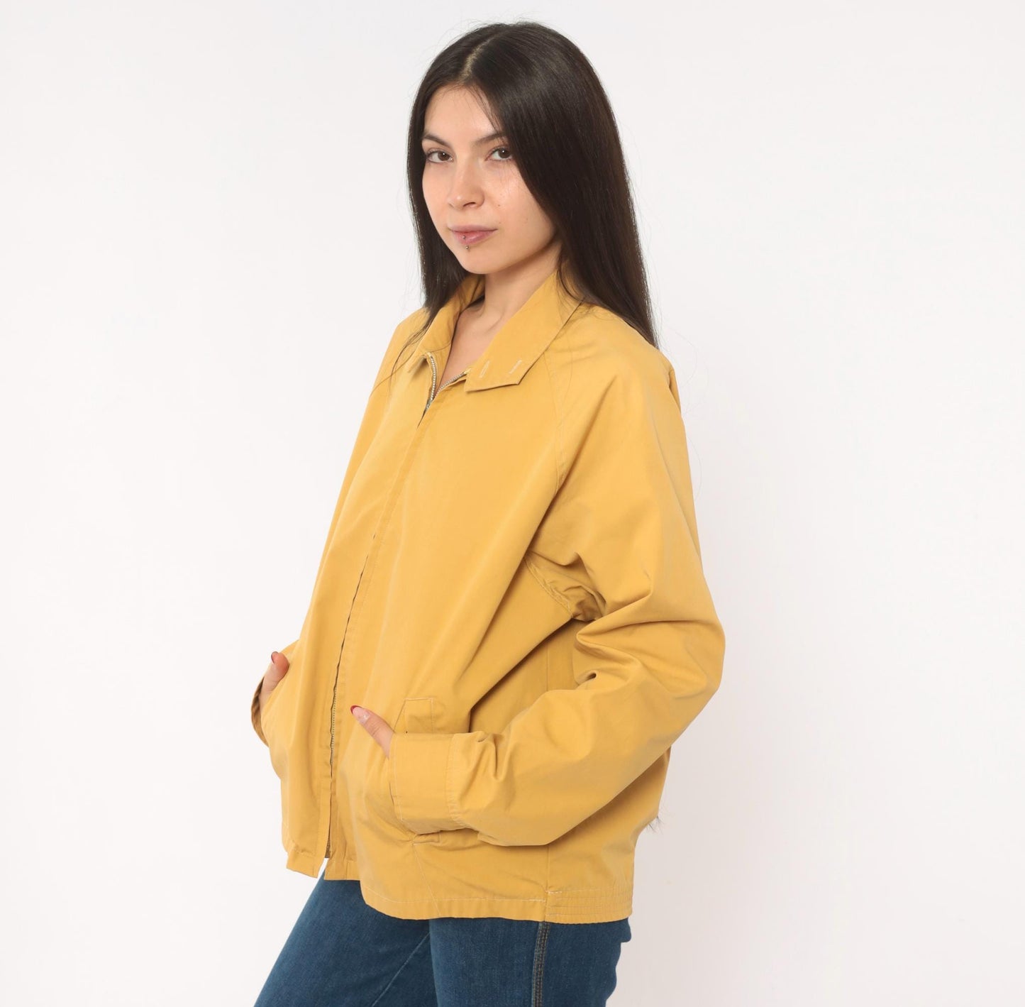 80s Mustard Harrington Jacket Zip Front Cotton Windbreaker Unisex Medium