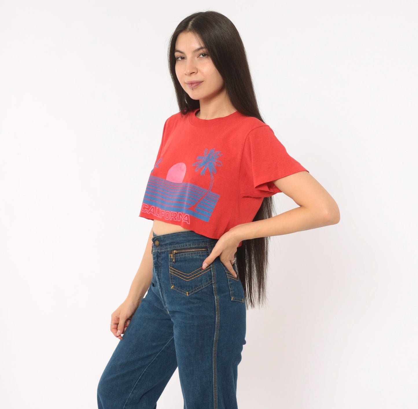 80s California Sunset Crop Top Red Graphic Tee Palm Tree Raglan Medium M