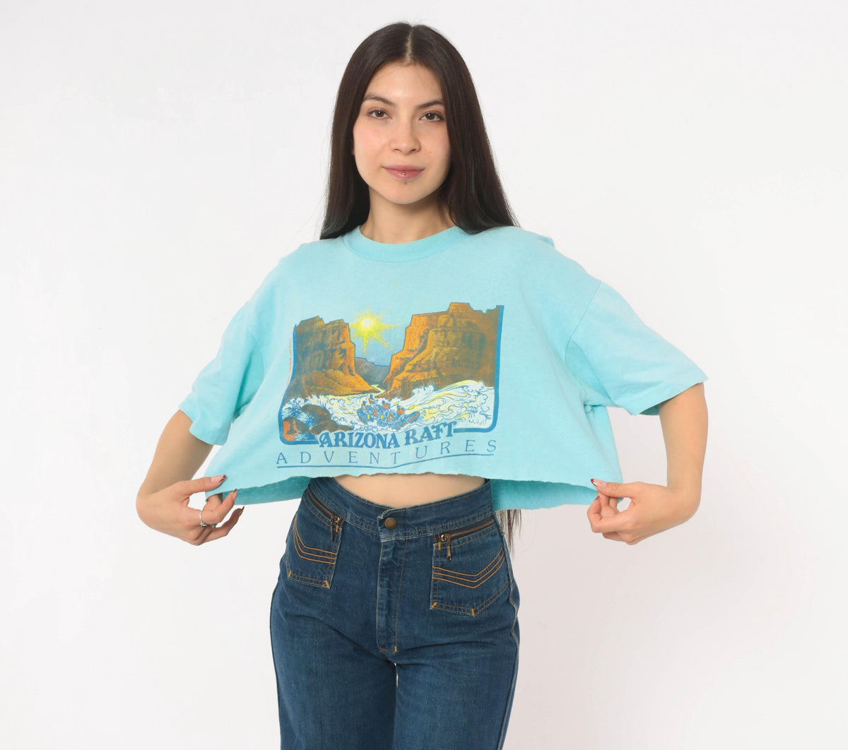 80s Arizona Raft Adventures Crop Top Light Blue Cotton Tee Stedman Medium